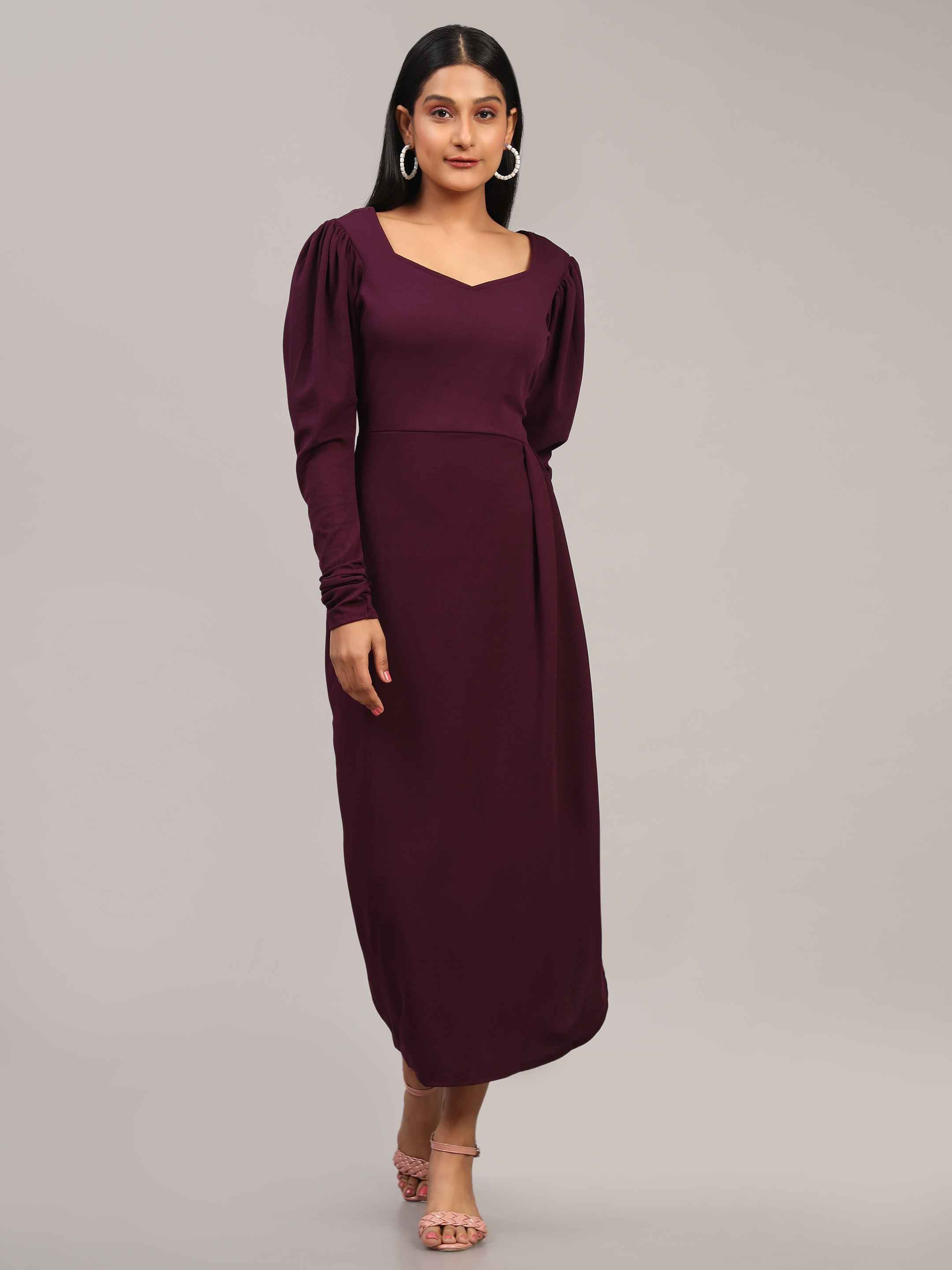 Rheycart Women's Cotton Lycra Solid V Neck Full Sleeve Purple Dress For Women