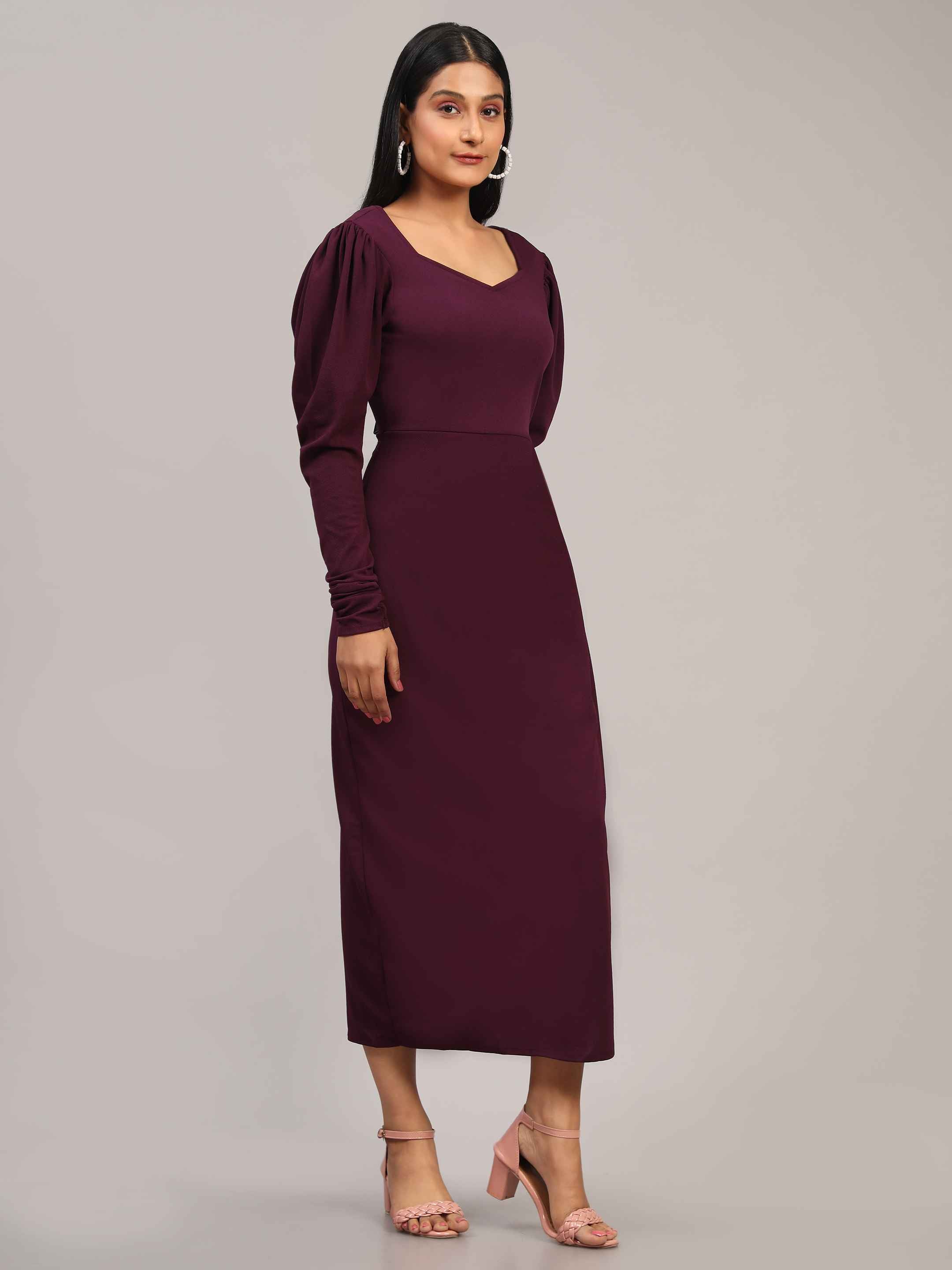 Rheycart Women's Cotton Lycra Solid V Neck Full Sleeve Purple Dress For Women