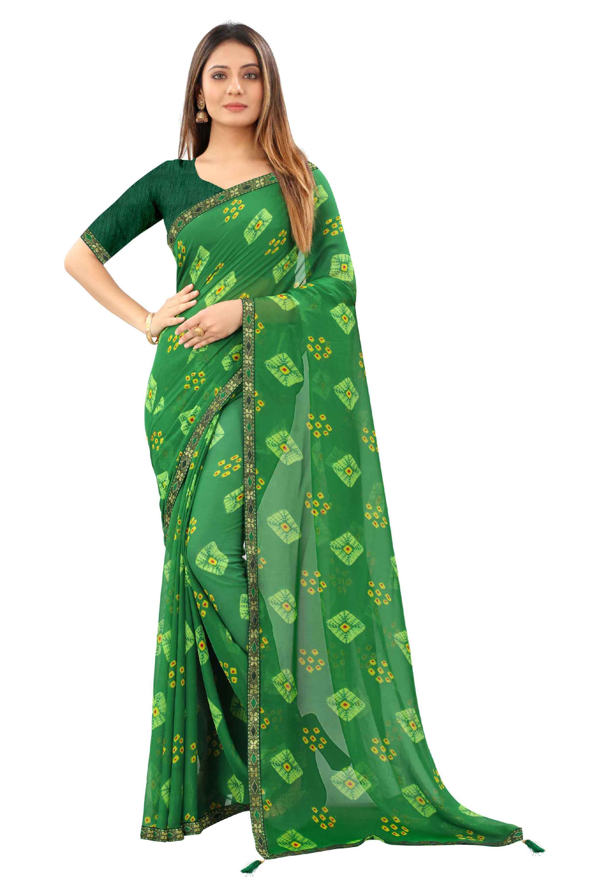 Women's Traditional Style Georgette Bandhani Printed Saree With Blouse - Elevate Your Ethnic Wardrobe with This Stunning Georgette Saree Featuring Intricate Bandhani Prints. A Fusion of Tradition and Contemporary Style, Ideal for Every Special Occasion. Complete Your Look with the Included Blouse for a Flawlessly Chic Ensemble.