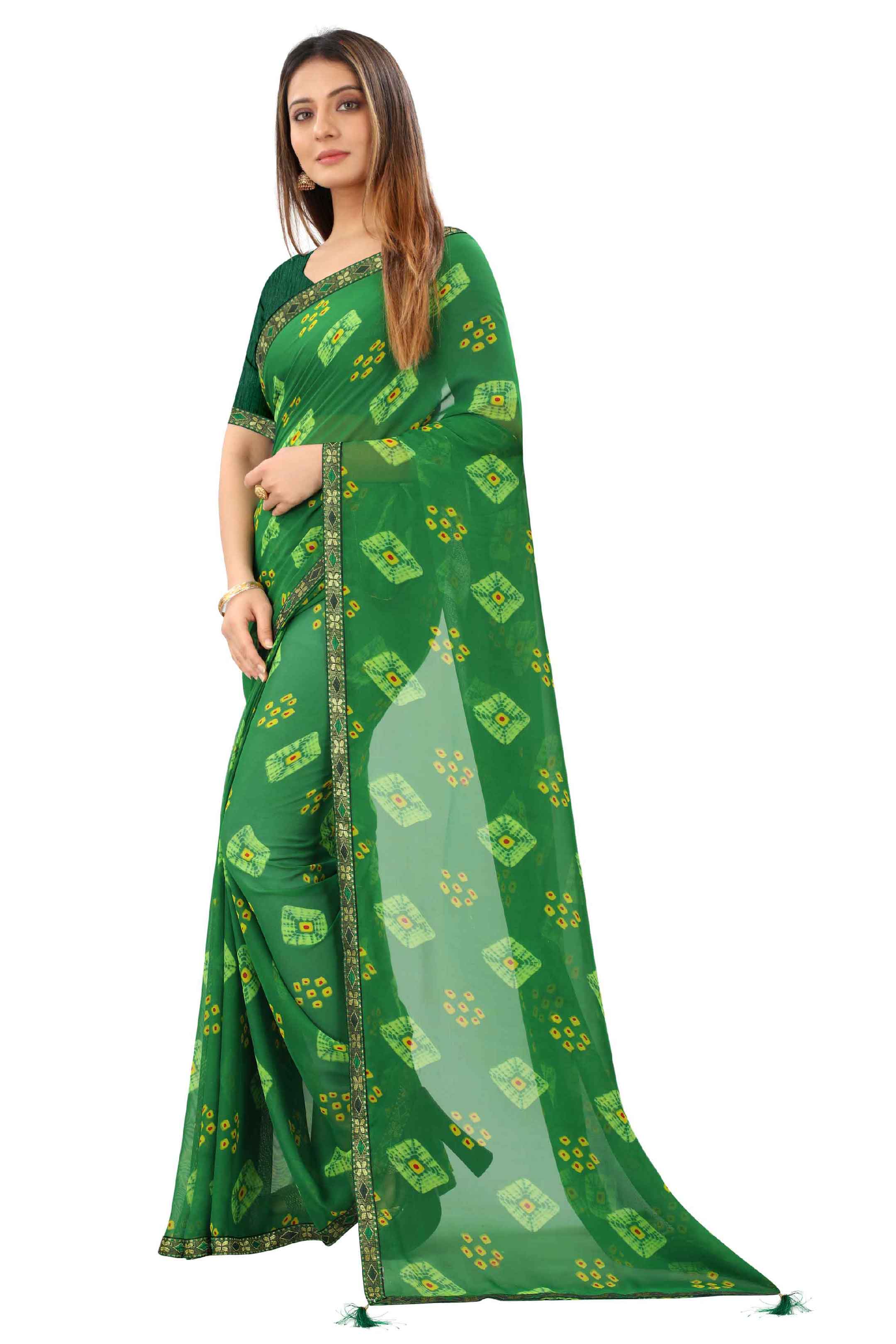 Women's Traditional Style Georgette Bandhani Printed Saree With Blouse - Elevate Your Ethnic Wardrobe with This Stunning Georgette Saree Featuring Intricate Bandhani Prints. A Fusion of Tradition and Contemporary Style, Ideal for Every Special Occasion. Complete Your Look with the Included Blouse for a Flawlessly Chic Ensemble.