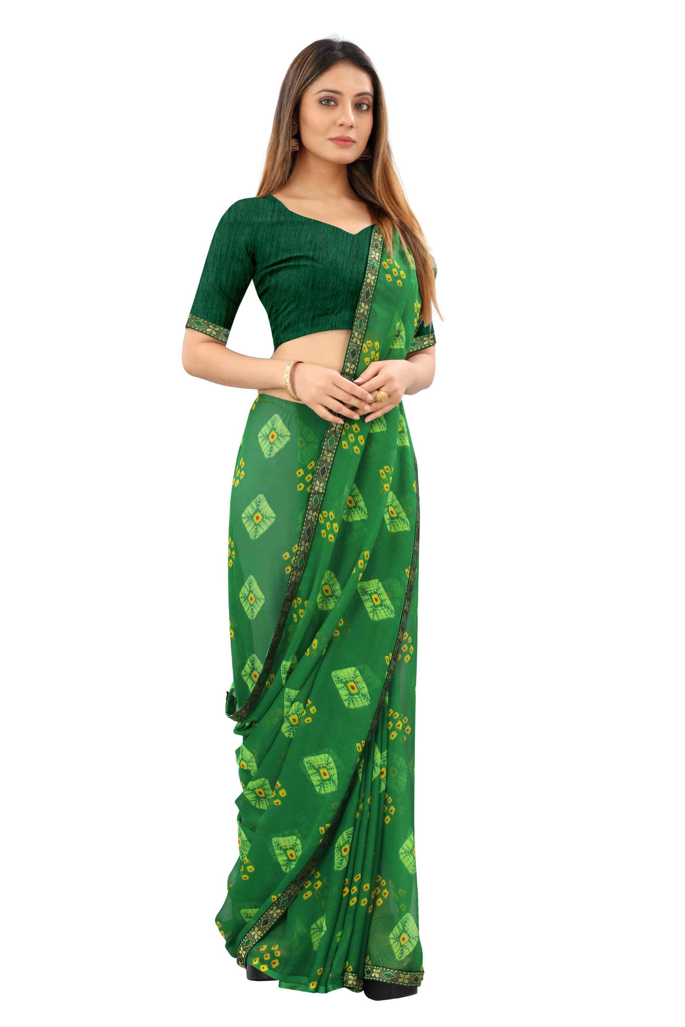 Women's Traditional Style Georgette Bandhani Printed Saree With Blouse - Elevate Your Ethnic Wardrobe with This Stunning Georgette Saree Featuring Intricate Bandhani Prints. A Fusion of Tradition and Contemporary Style, Ideal for Every Special Occasion. Complete Your Look with the Included Blouse for a Flawlessly Chic Ensemble.