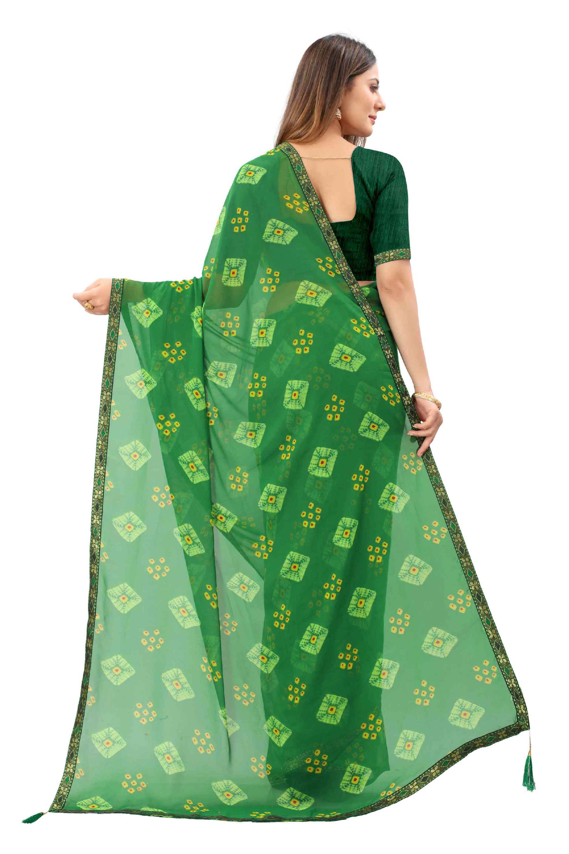 Women's Traditional Style Georgette Bandhani Printed Saree With Blouse - Elevate Your Ethnic Wardrobe with This Stunning Georgette Saree Featuring Intricate Bandhani Prints. A Fusion of Tradition and Contemporary Style, Ideal for Every Special Occasion. Complete Your Look with the Included Blouse for a Flawlessly Chic Ensemble.