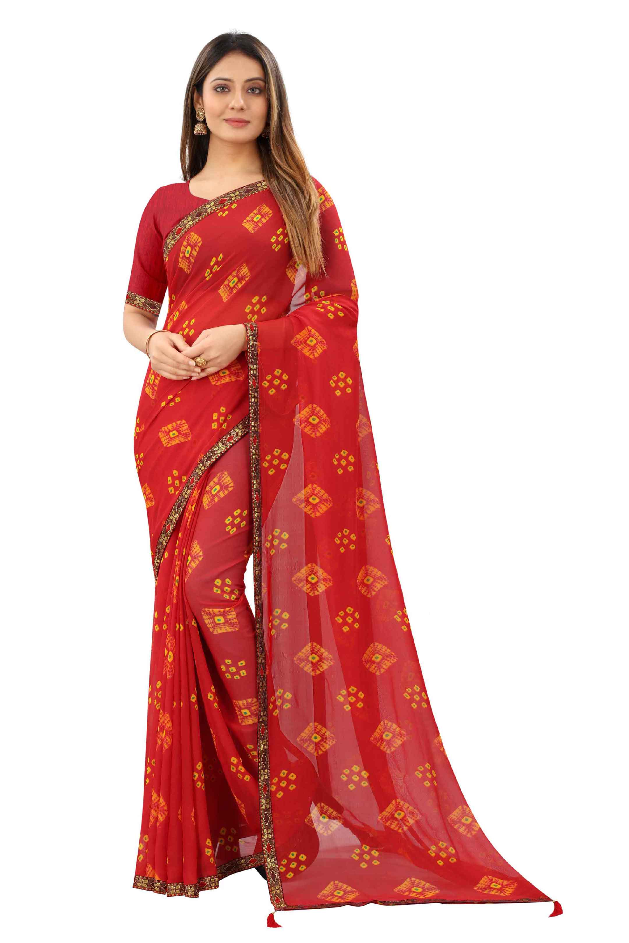 Women's Traditional Style Georgette Bandhani Printed Saree With Blouse - Elevate Your Ethnic Wardrobe with This Stunning Piece, Featuring Intricate Bandhani Print Detailing and a Complementary Blouse. Experience the Grace and Charm of Indian Tradition in Every Draped Fold. Ideal for Traditional Gatherings, Festivals, and Special Occasions, Let This Saree Be Your Statement of Timeless Sophistication and Cultural Pride.