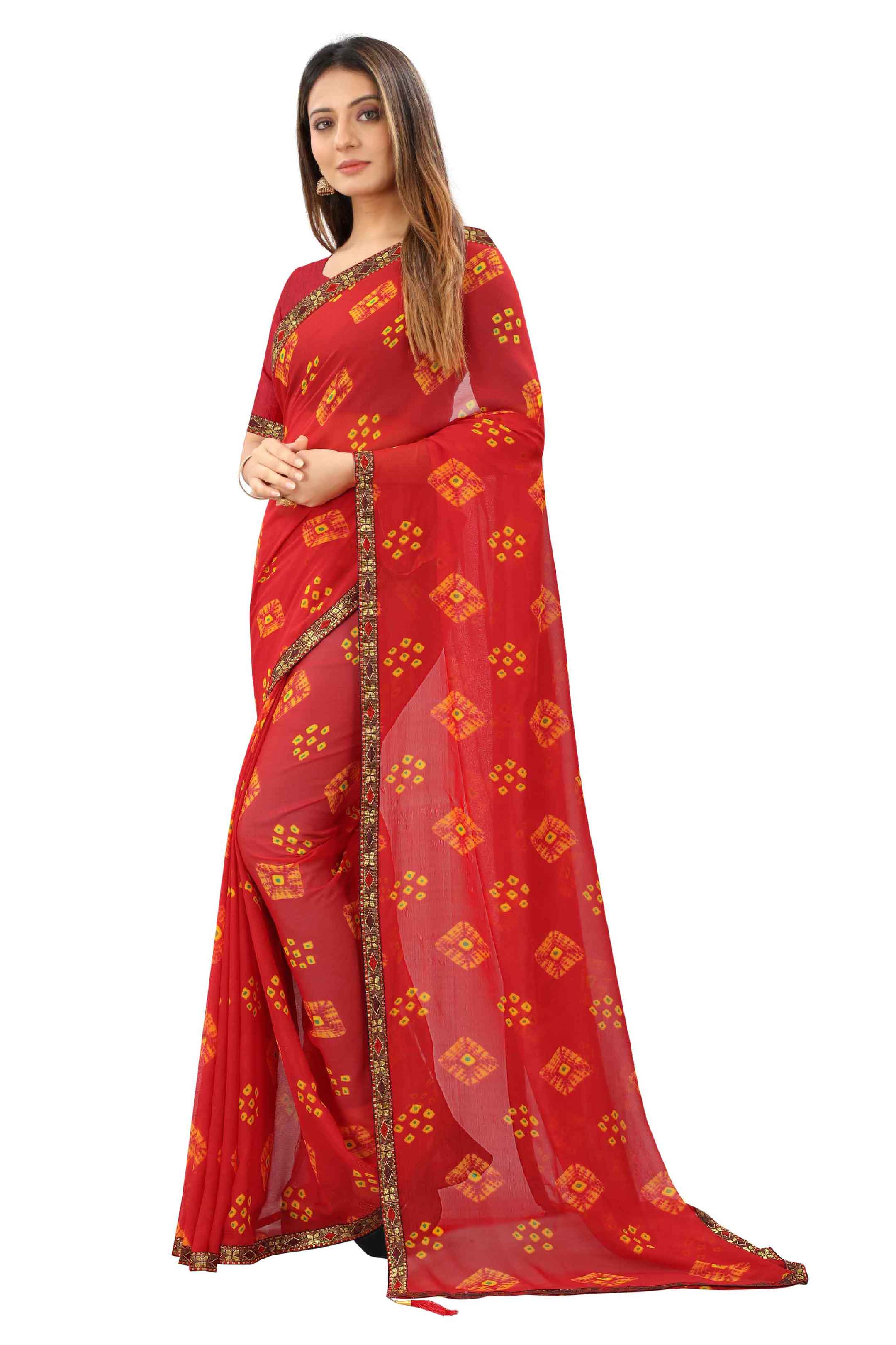 Women's Traditional Style Georgette Bandhani Printed Saree With Blouse - Elevate Your Ethnic Wardrobe with This Stunning Piece, Featuring Intricate Bandhani Print Detailing and a Complementary Blouse. Experience the Grace and Charm of Indian Tradition in Every Draped Fold. Ideal for Traditional Gatherings, Festivals, and Special Occasions, Let This Saree Be Your Statement of Timeless Sophistication and Cultural Pride.