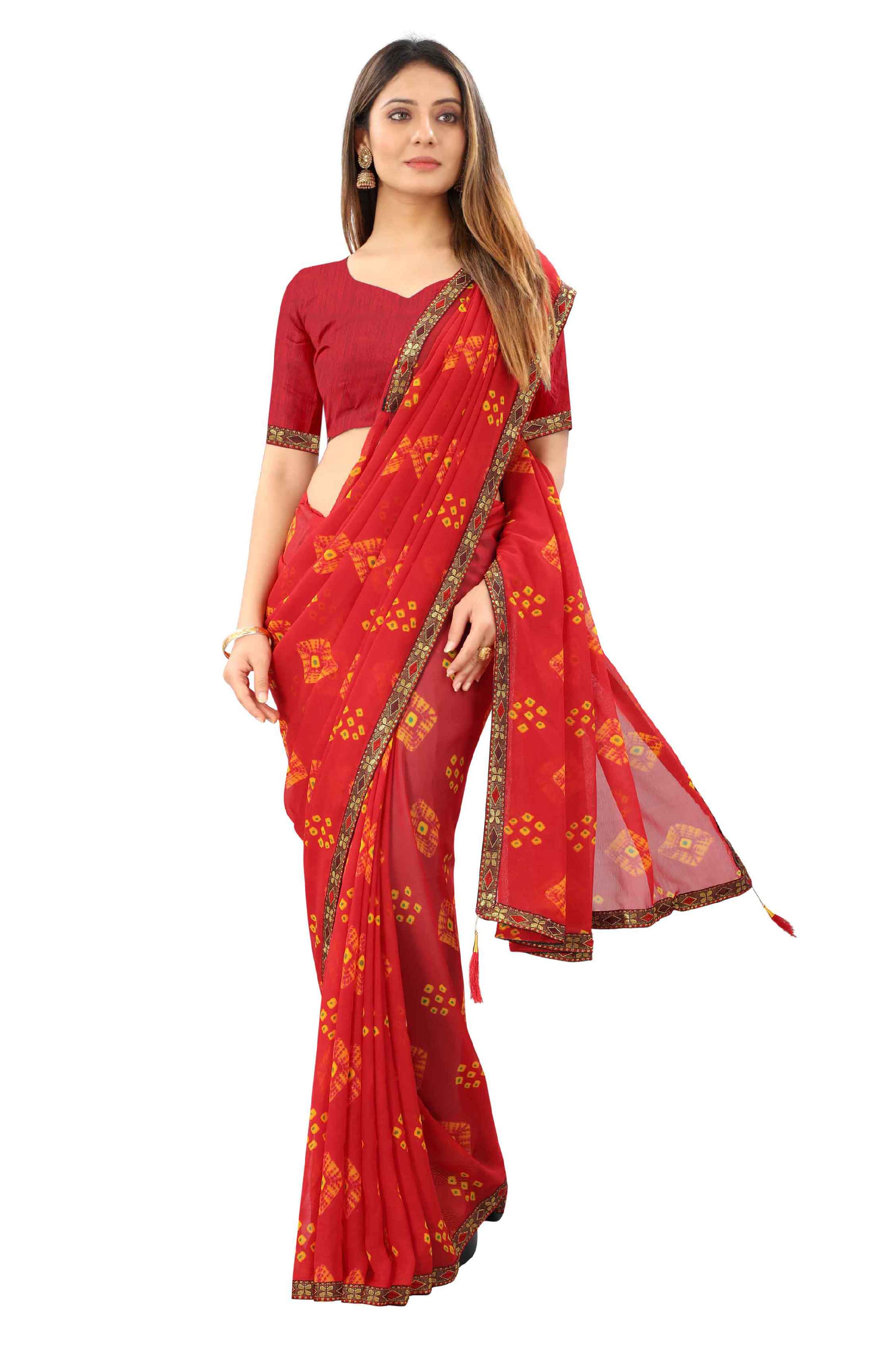 Women's Traditional Style Georgette Bandhani Printed Saree With Blouse - Elevate Your Ethnic Wardrobe with This Stunning Piece, Featuring Intricate Bandhani Print Detailing and a Complementary Blouse. Experience the Grace and Charm of Indian Tradition in Every Draped Fold. Ideal for Traditional Gatherings, Festivals, and Special Occasions, Let This Saree Be Your Statement of Timeless Sophistication and Cultural Pride.