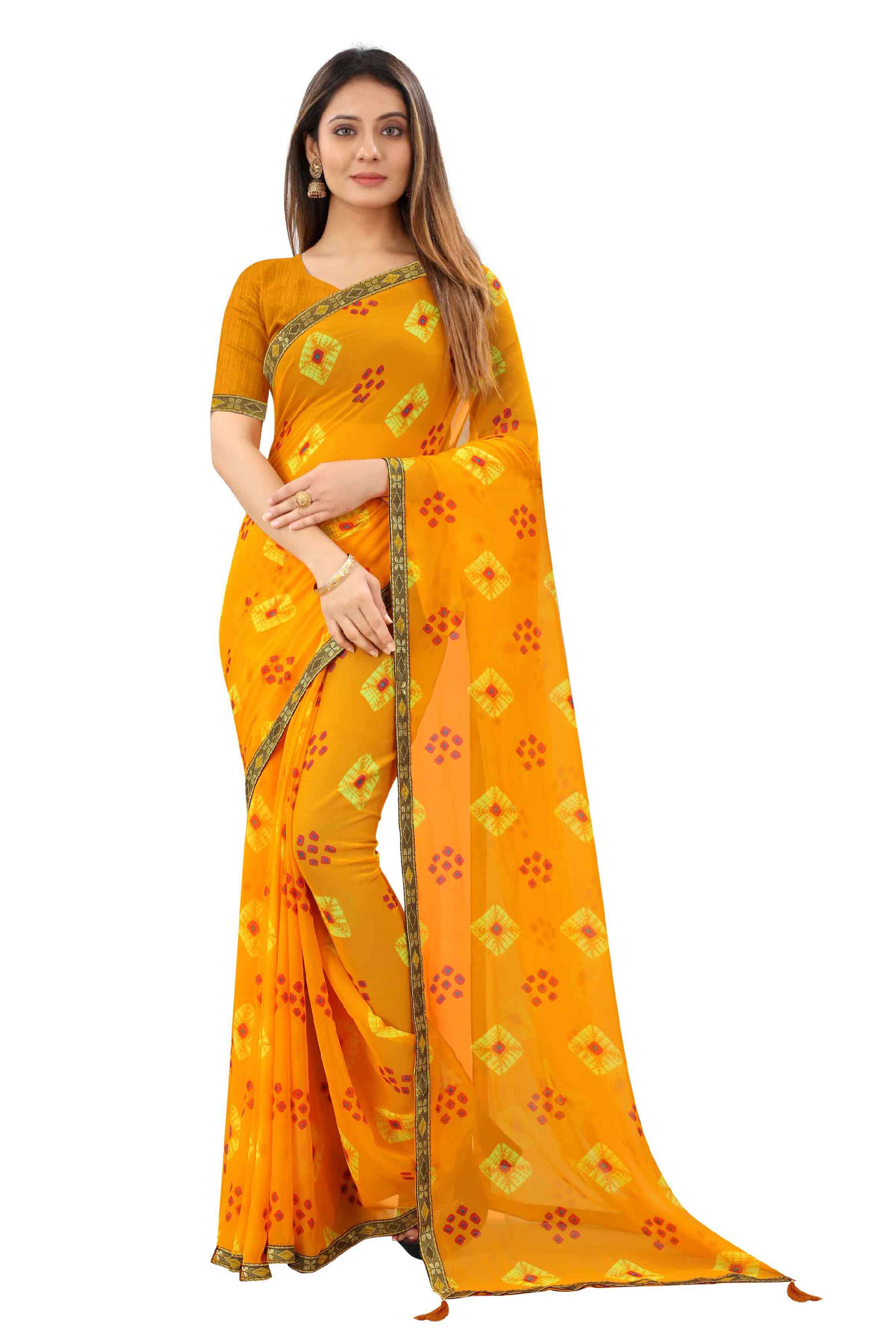 Women's Traditional Style Georgette Bandhani Printed Saree With Blouse - Elevate Your Ethnic Wardrobe with This Stunning Piece Featuring Intricate Bandhani Prints and a Matching Blouse. Crafted from Premium Georgette Fabric, It Offers Comfort and Style All Day Long. Ideal for Captivating Everyone's Attention at Special Occasions and Cultural Gatherings.