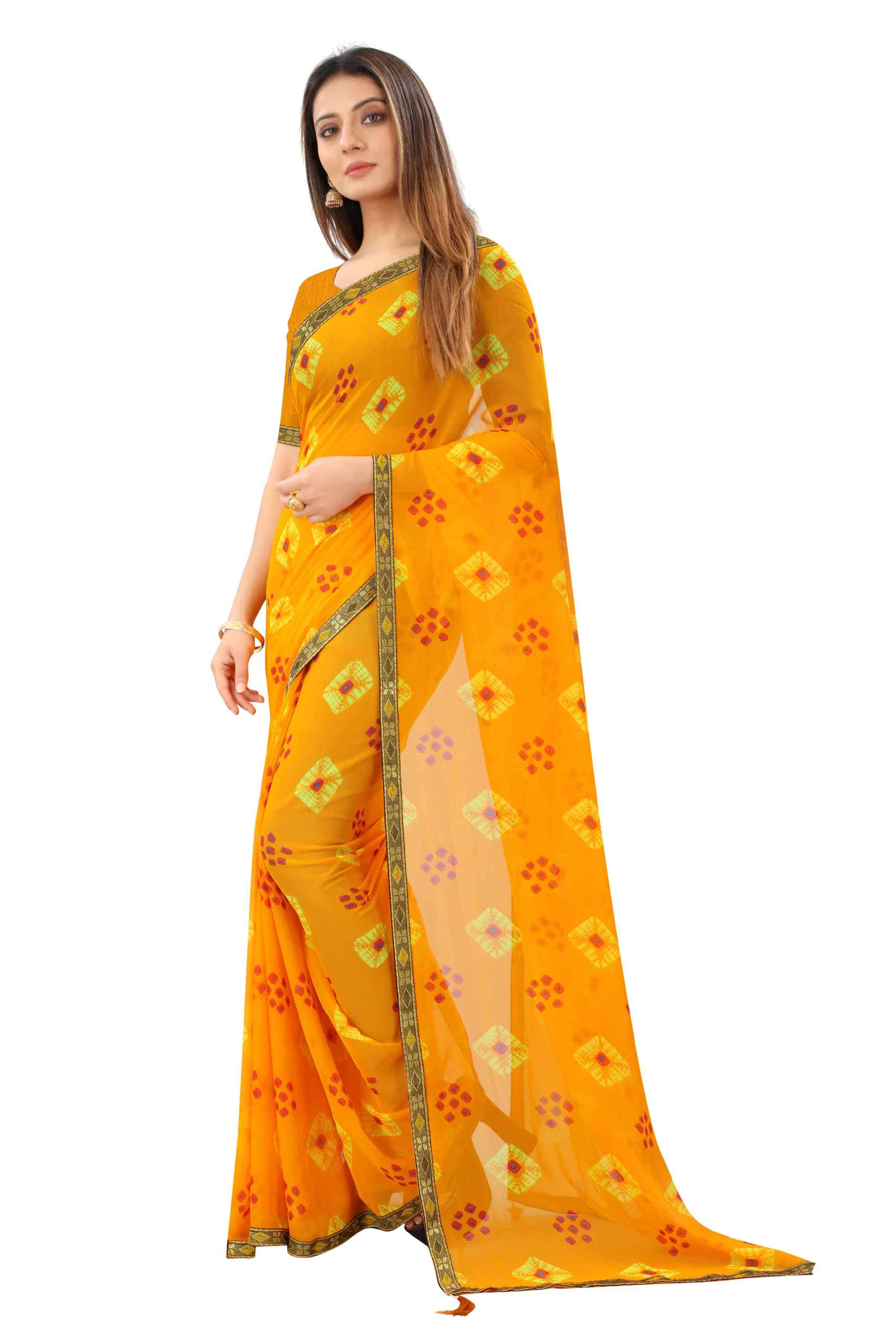 Women's Traditional Style Georgette Bandhani Printed Saree With Blouse - Elevate Your Ethnic Wardrobe with This Stunning Piece Featuring Intricate Bandhani Prints and a Matching Blouse. Crafted from Premium Georgette Fabric, It Offers Comfort and Style All Day Long. Ideal for Captivating Everyone's Attention at Special Occasions and Cultural Gatherings.