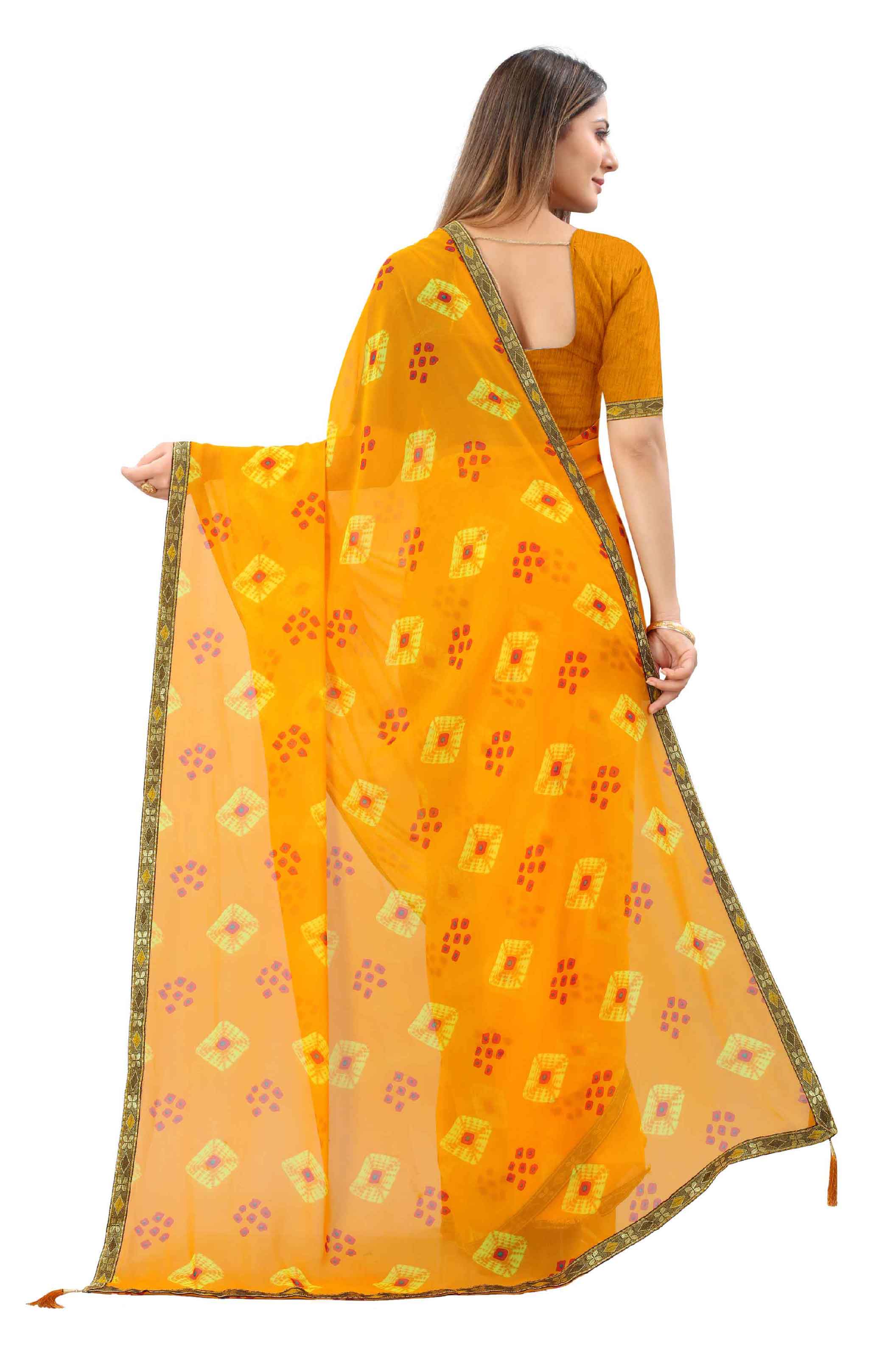 Women's Traditional Style Georgette Bandhani Printed Saree With Blouse - Elevate Your Ethnic Wardrobe with This Stunning Piece Featuring Intricate Bandhani Prints and a Matching Blouse. Crafted from Premium Georgette Fabric, It Offers Comfort and Style All Day Long. Ideal for Captivating Everyone's Attention at Special Occasions and Cultural Gatherings.