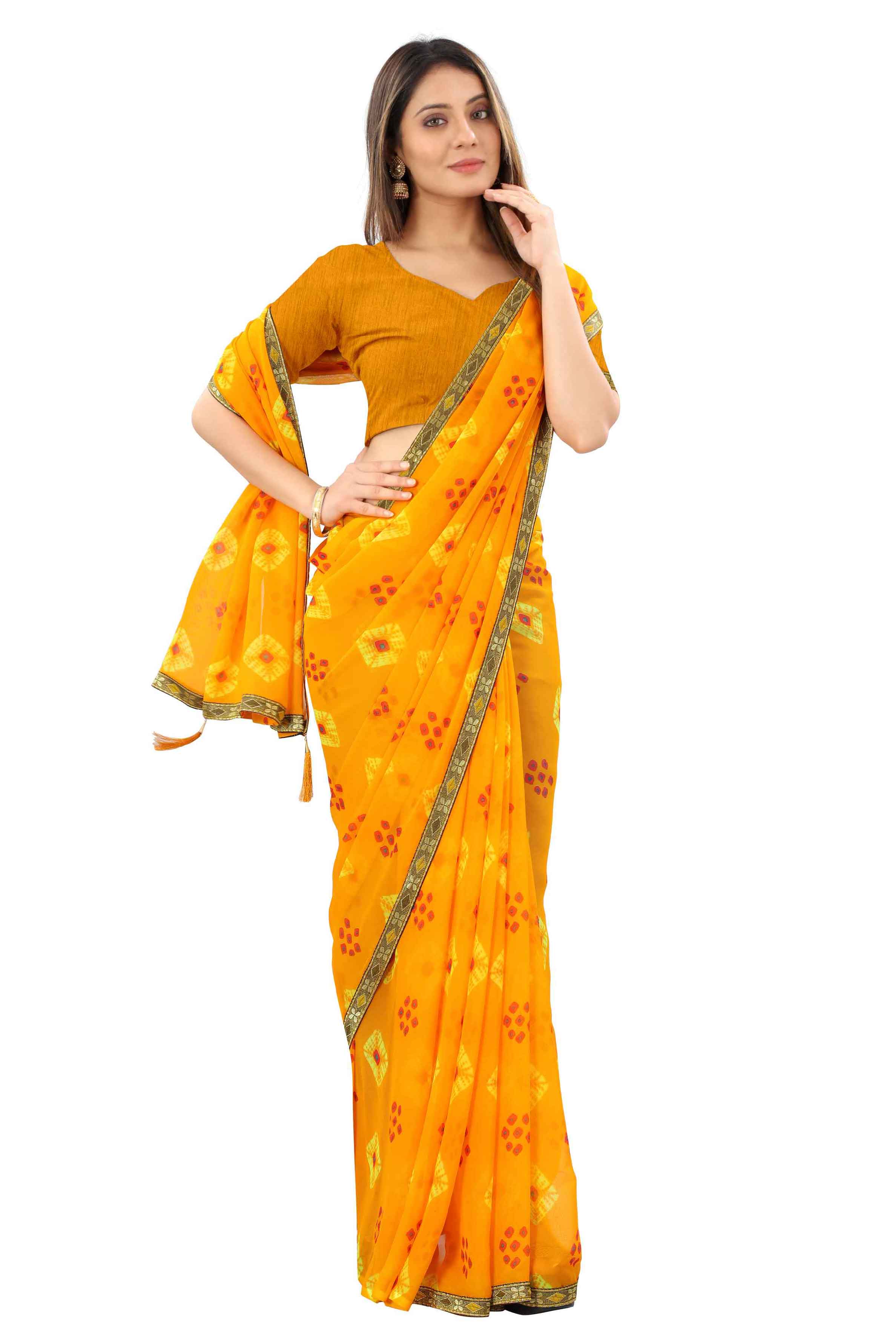 Women's Traditional Style Georgette Bandhani Printed Saree With Blouse - Elevate Your Ethnic Wardrobe with This Stunning Piece Featuring Intricate Bandhani Prints and a Matching Blouse. Crafted from Premium Georgette Fabric, It Offers Comfort and Style All Day Long. Ideal for Captivating Everyone's Attention at Special Occasions and Cultural Gatherings.