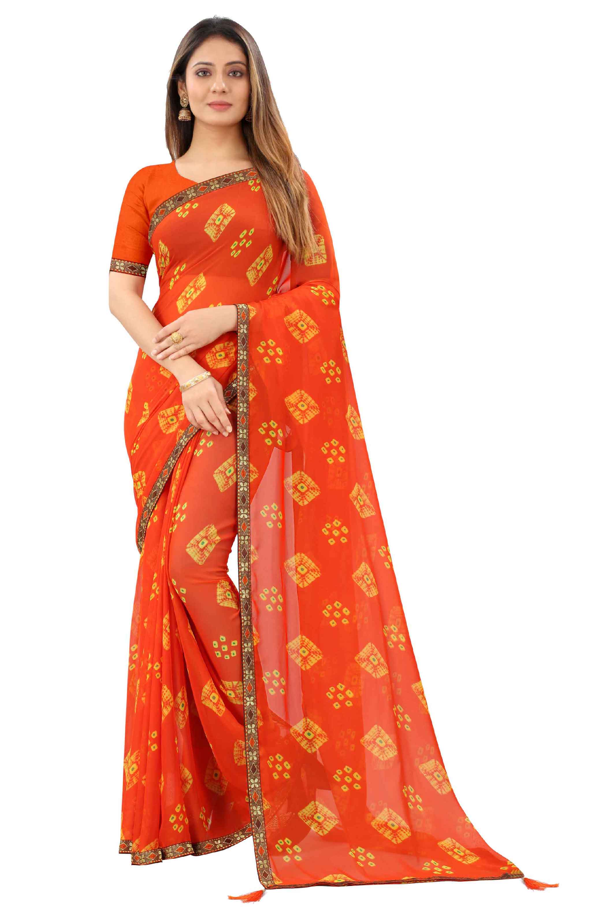 Women's Traditional Style Georgette Bandhani Printed Saree With Blouse - Elevate Your Ethnic Wardrobe with This Stunning Georgette Saree Featuring Intricate Bandhani Print. Effortlessly Blend Tradition with Modern Style for a Captivating Look That Turns Heads Wherever You Go. Ideal for Special Occasions, Parties, and Traditional Gatherings. Complete Your Ensemble with the Included Blouse for a Perfectly Coordinated Finish