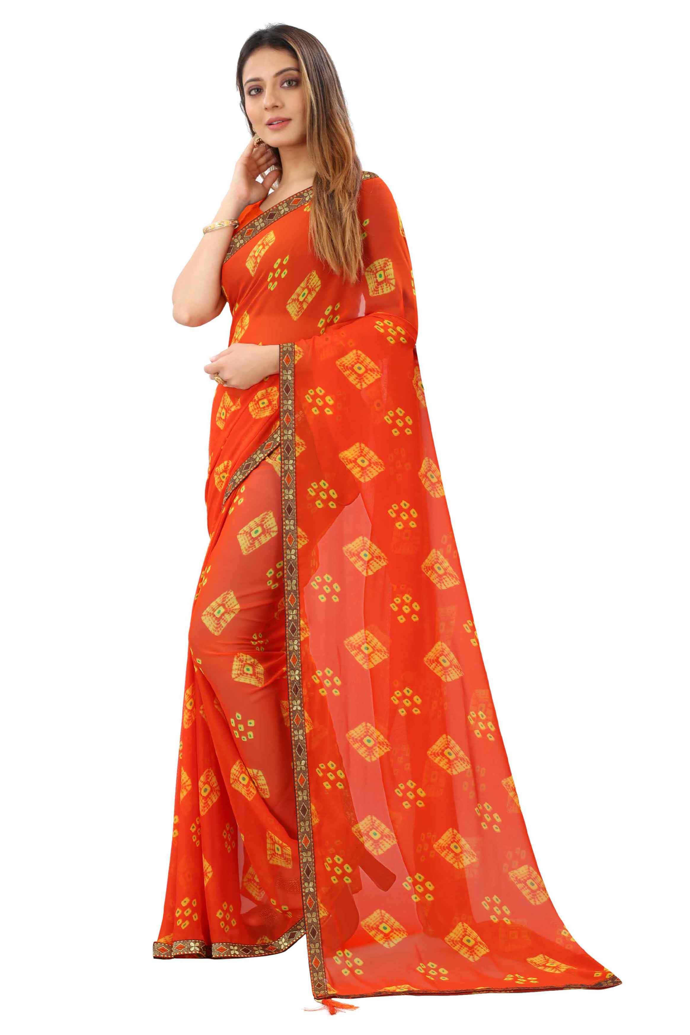 Women's Traditional Style Georgette Bandhani Printed Saree With Blouse - Elevate Your Ethnic Wardrobe with This Stunning Georgette Saree Featuring Intricate Bandhani Print. Effortlessly Blend Tradition with Modern Style for a Captivating Look That Turns Heads Wherever You Go. Ideal for Special Occasions, Parties, and Traditional Gatherings. Complete Your Ensemble with the Included Blouse for a Perfectly Coordinated Finish