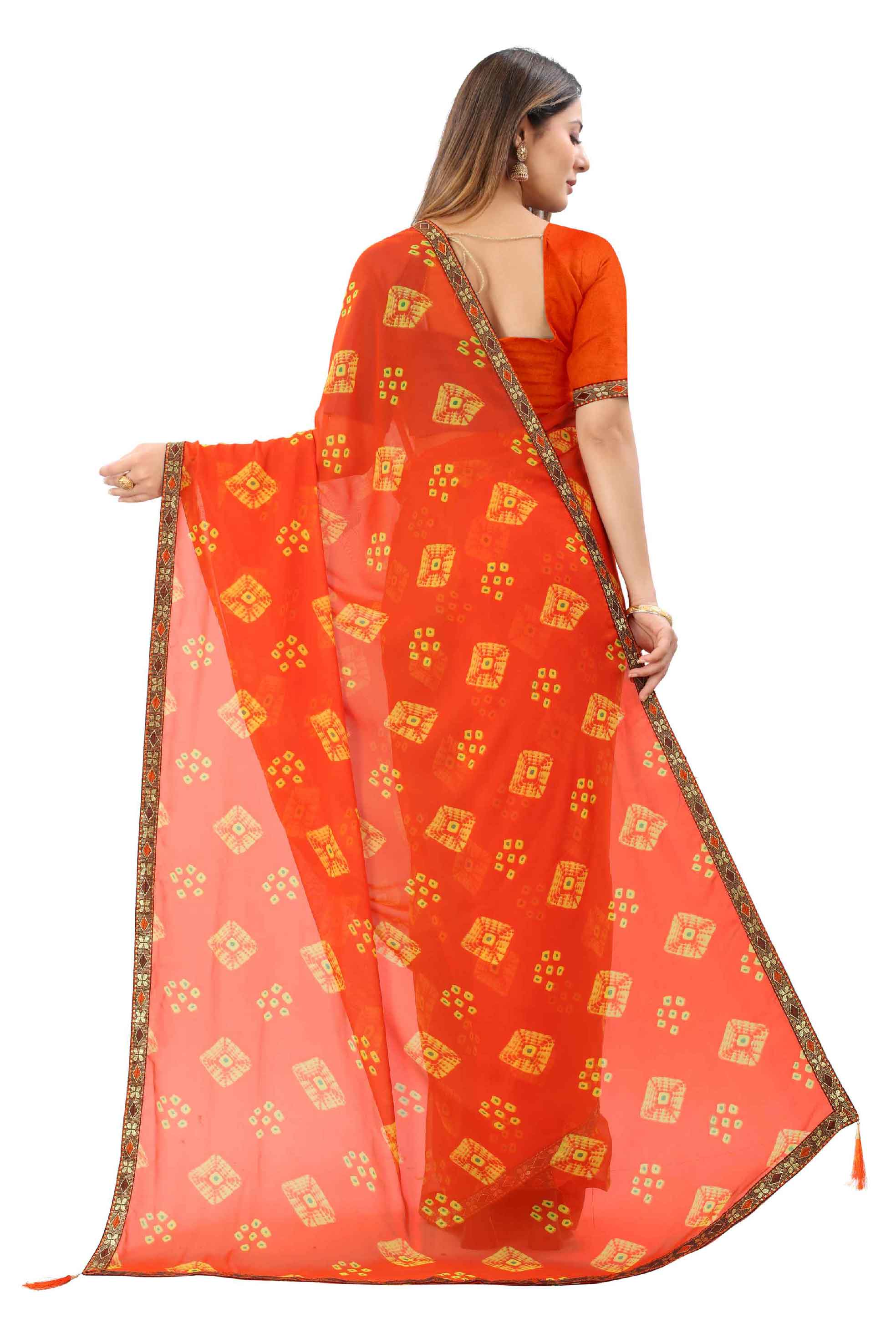 Women's Traditional Style Georgette Bandhani Printed Saree With Blouse - Elevate Your Ethnic Wardrobe with This Stunning Georgette Saree Featuring Intricate Bandhani Print. Effortlessly Blend Tradition with Modern Style for a Captivating Look That Turns Heads Wherever You Go. Ideal for Special Occasions, Parties, and Traditional Gatherings. Complete Your Ensemble with the Included Blouse for a Perfectly Coordinated Finish