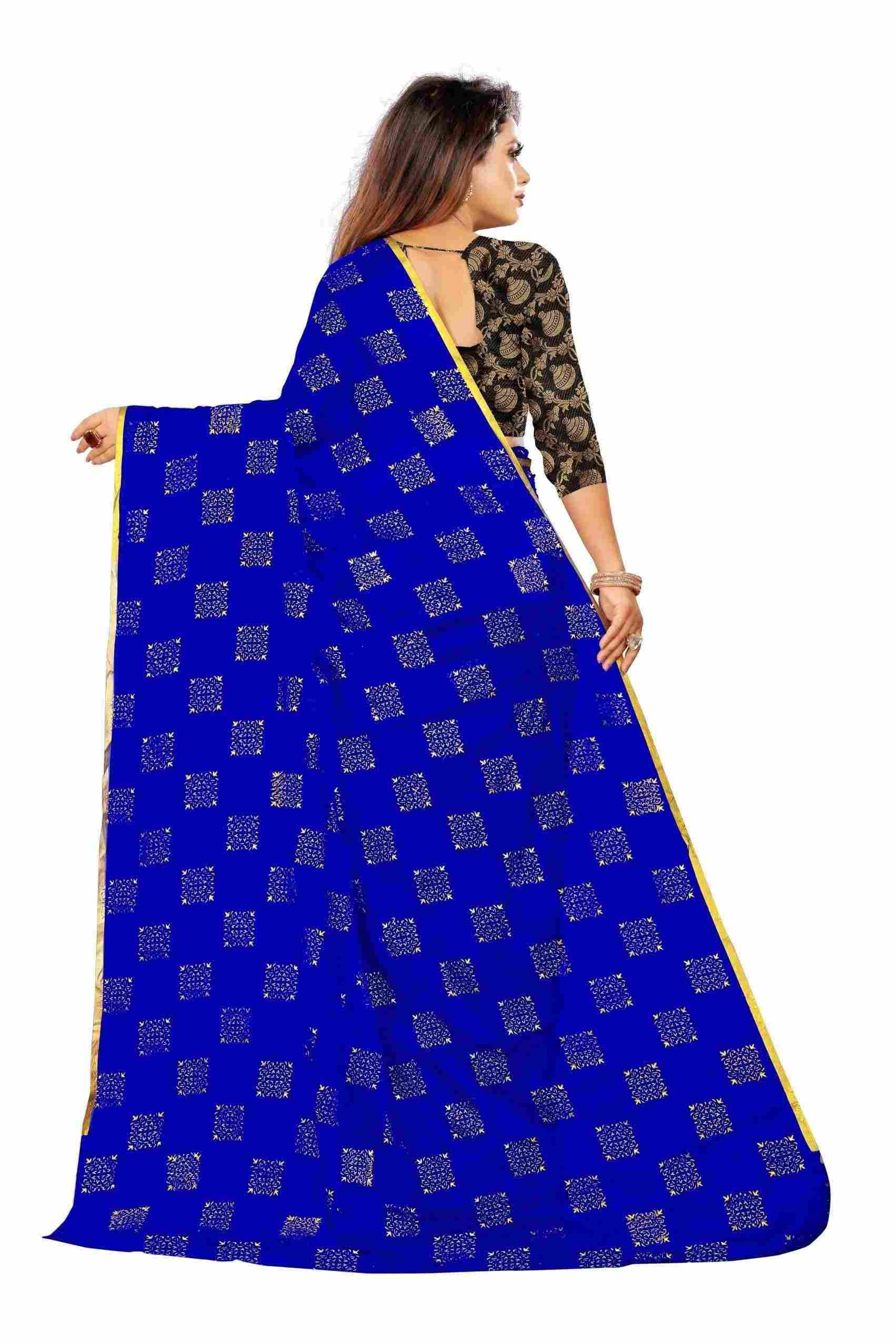 Women's Party Wear Checks Printed Chiffon Saree With Jacquarad Blouse PIece (Blue)