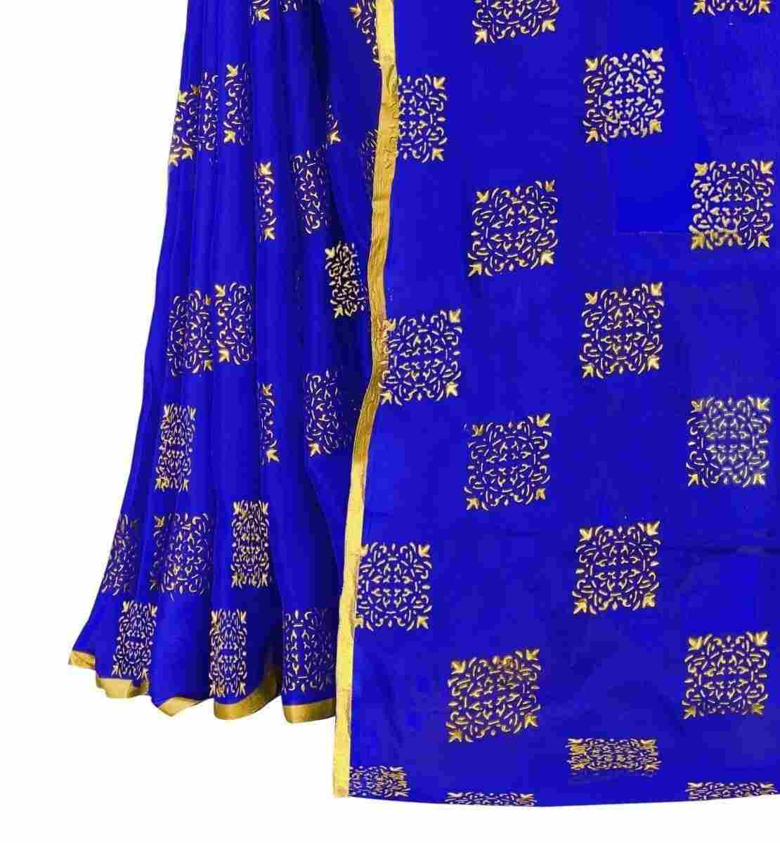 Women's Party Wear Checks Printed Chiffon Saree With Jacquarad Blouse PIece (Blue)