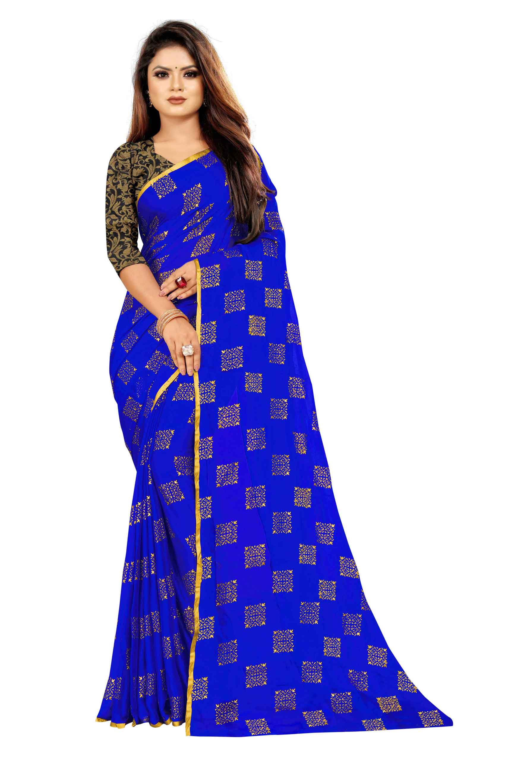 Women's Daily Wear Checks Printed Blue Chiffon Saree With Jacquarad Blouse PIece