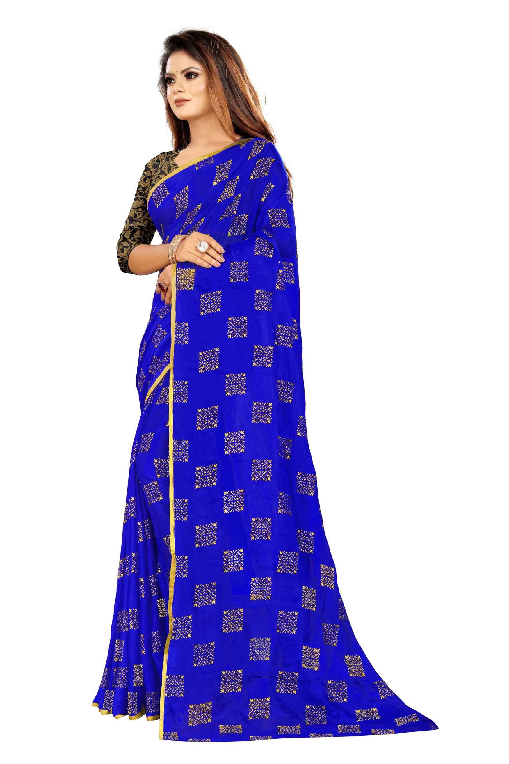 Women's Daily Wear Checks Printed Blue Chiffon Saree With Jacquarad Blouse PIece