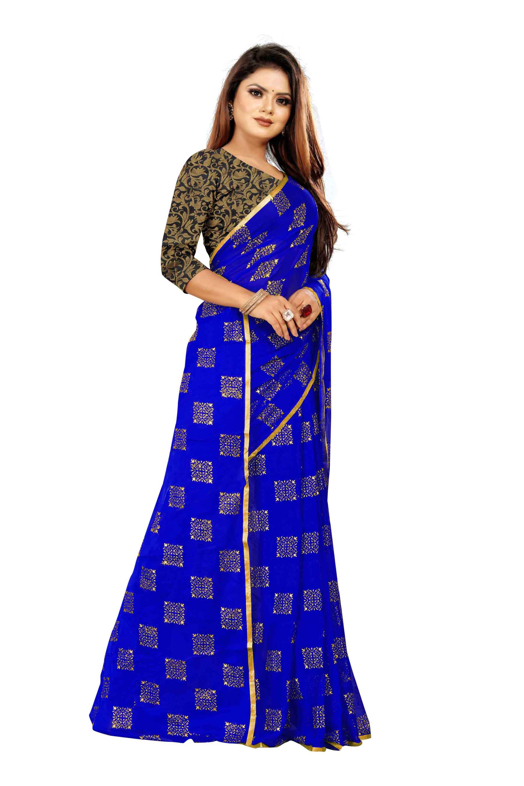 Women's Daily Wear Checks Printed Blue Chiffon Saree With Jacquarad Blouse PIece