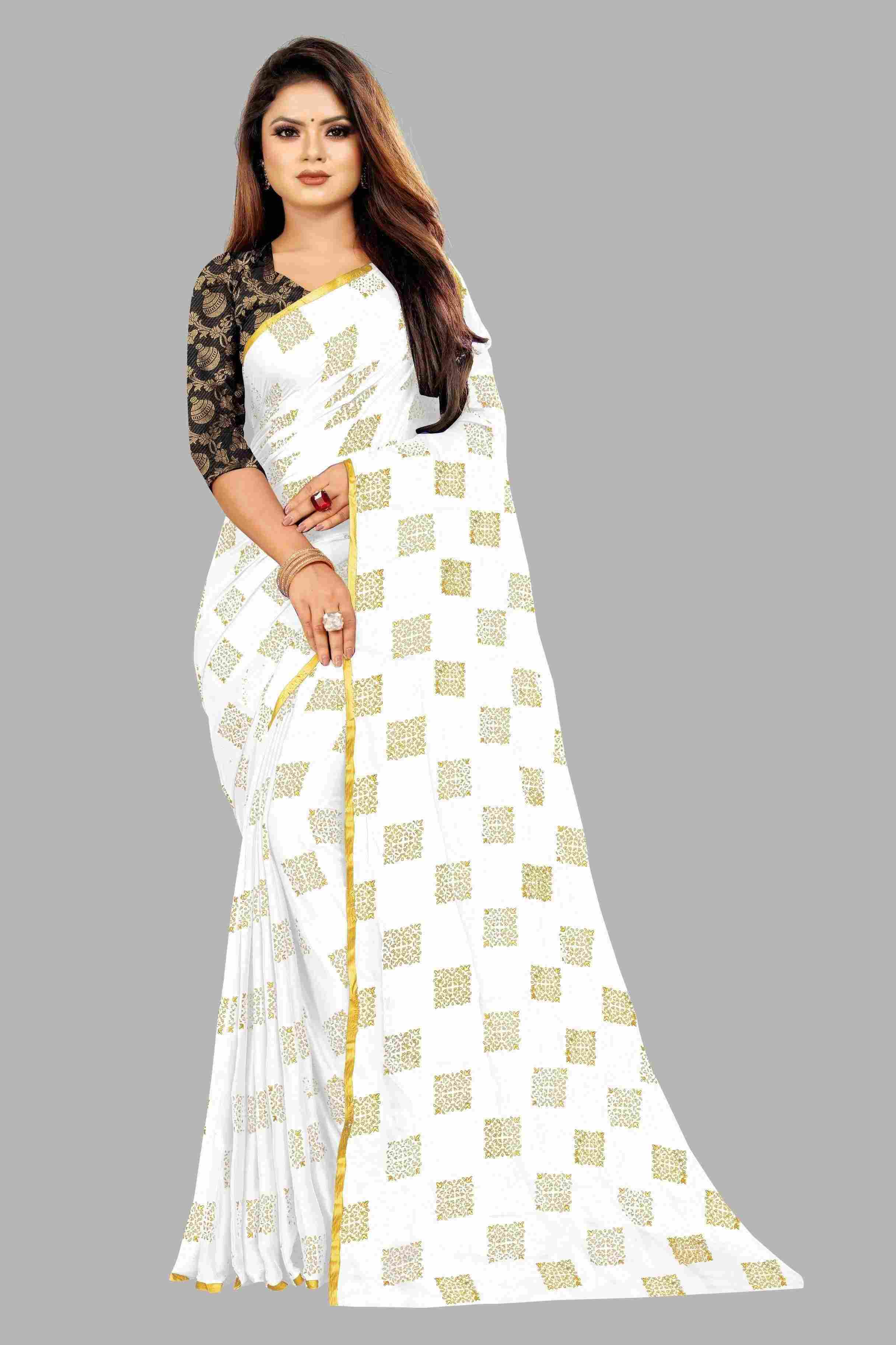 Women's Party Wear Checks Printed Chiffon Saree With Jacquarad Blouse PIece (White)