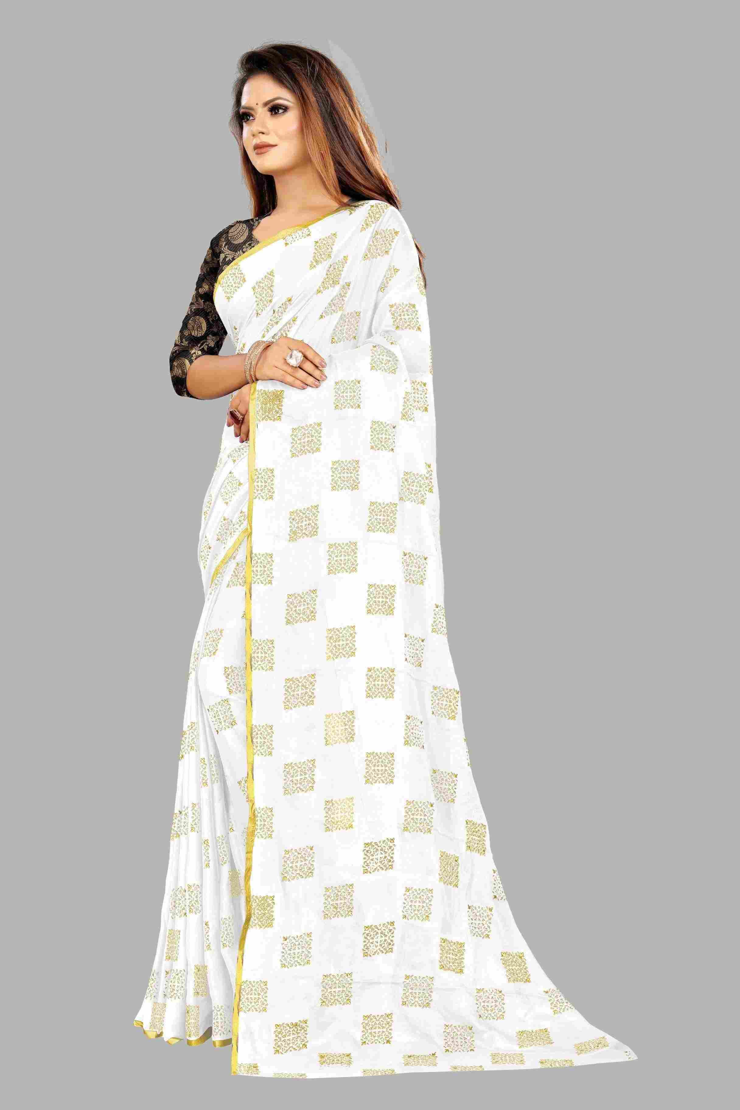 Women's Party Wear Checks Printed Chiffon Saree With Jacquarad Blouse PIece (White)