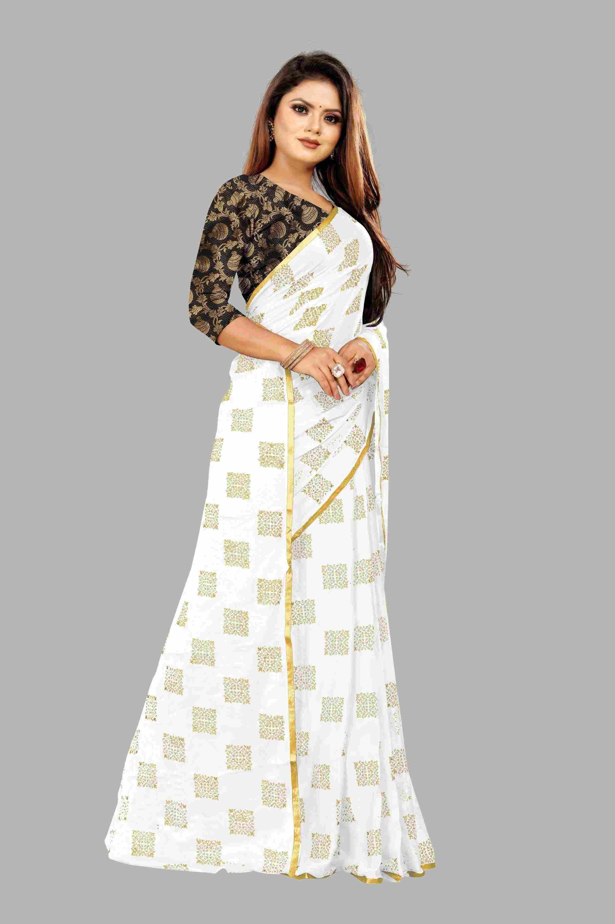 Women's Party Wear Checks Printed Chiffon Saree With Jacquarad Blouse PIece (White)