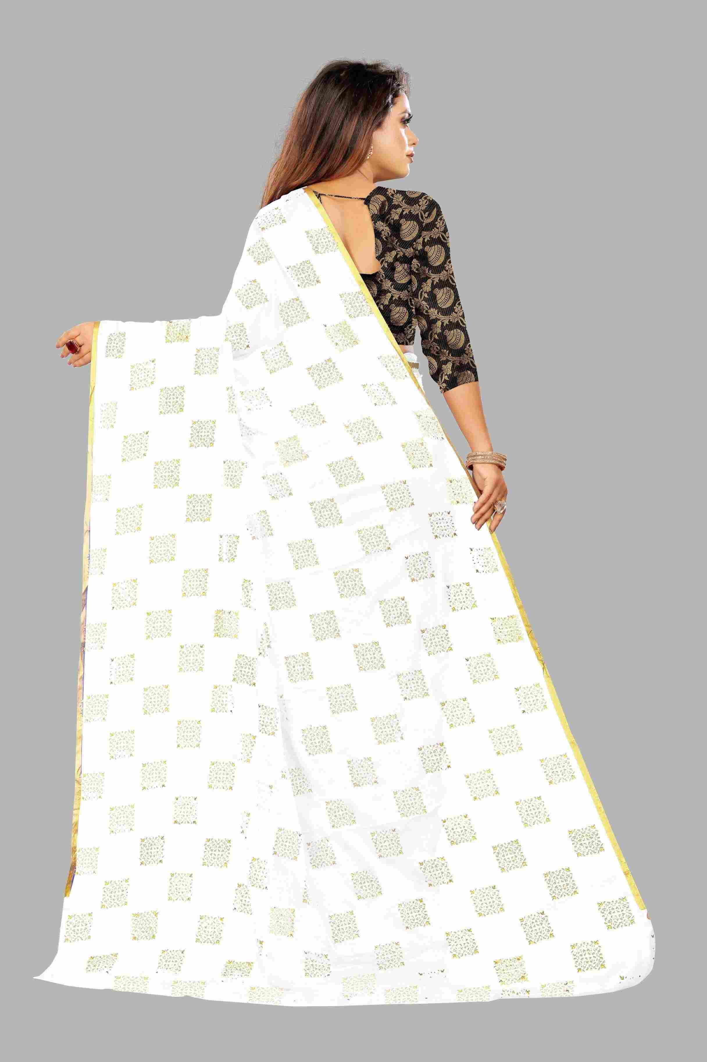 Women's Party Wear Checks Printed Chiffon Saree With Jacquarad Blouse PIece (White)