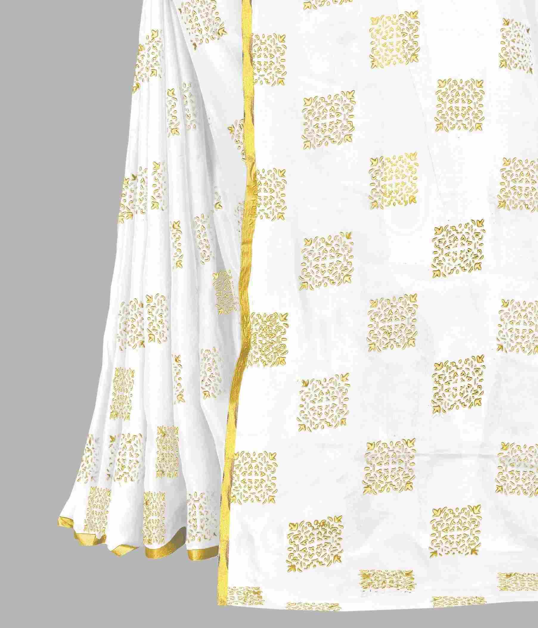 Women's Party Wear Checks Printed Chiffon Saree With Jacquarad Blouse PIece (White)