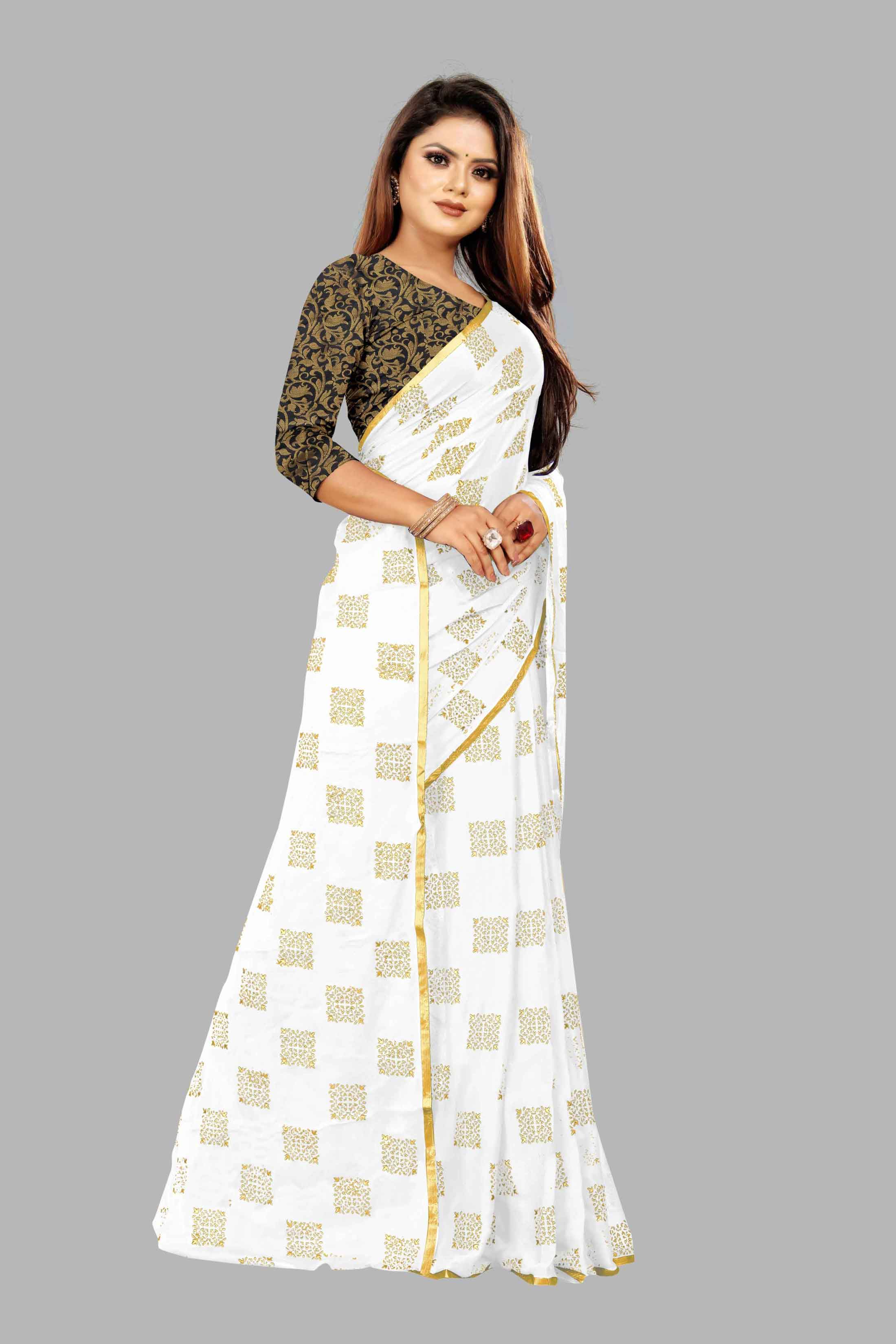 Women's Daily Wear Checks Printed White Chiffon Saree With Jacquarad Blouse PIece