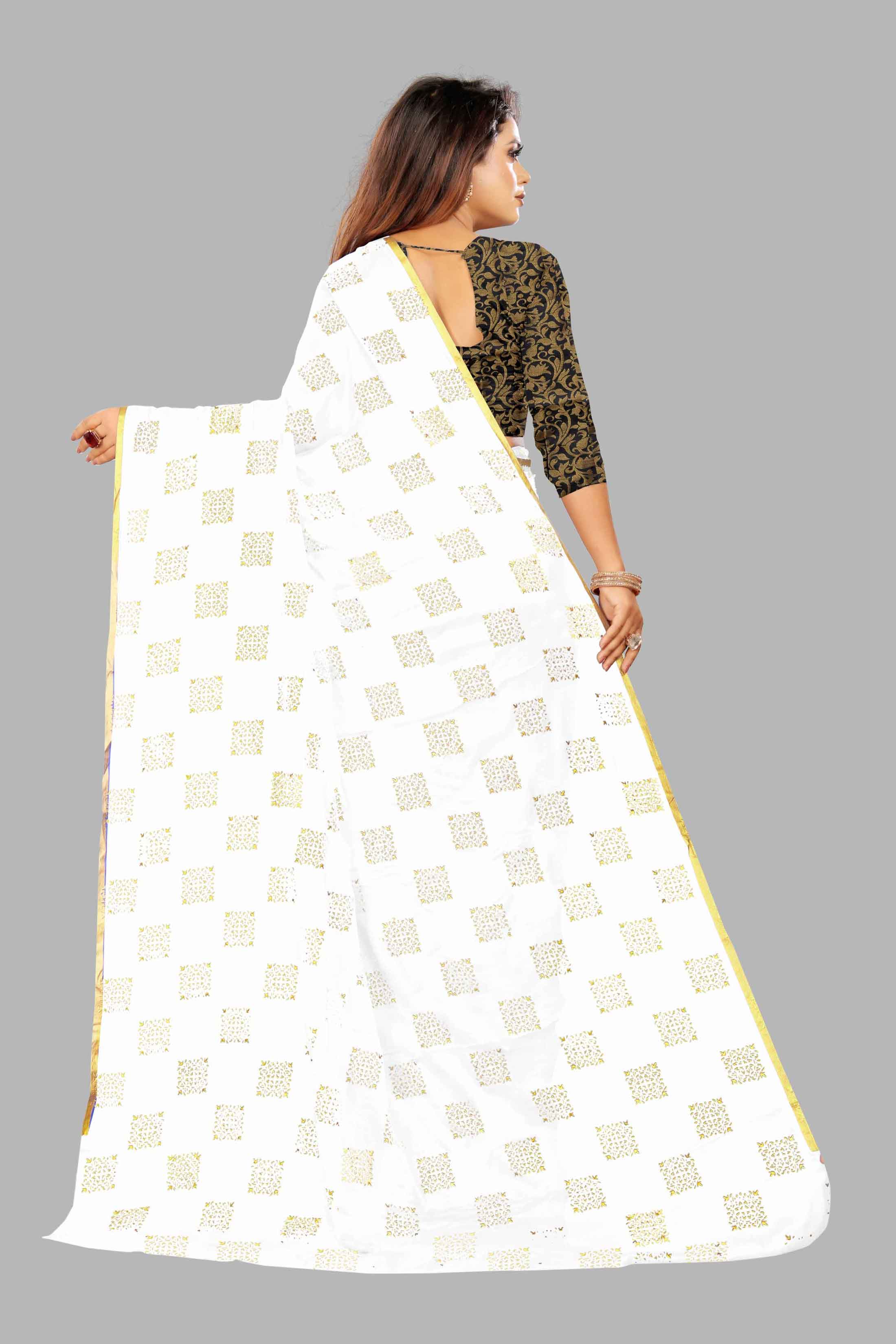 Women's Daily Wear Checks Printed White Chiffon Saree With Jacquarad Blouse PIece