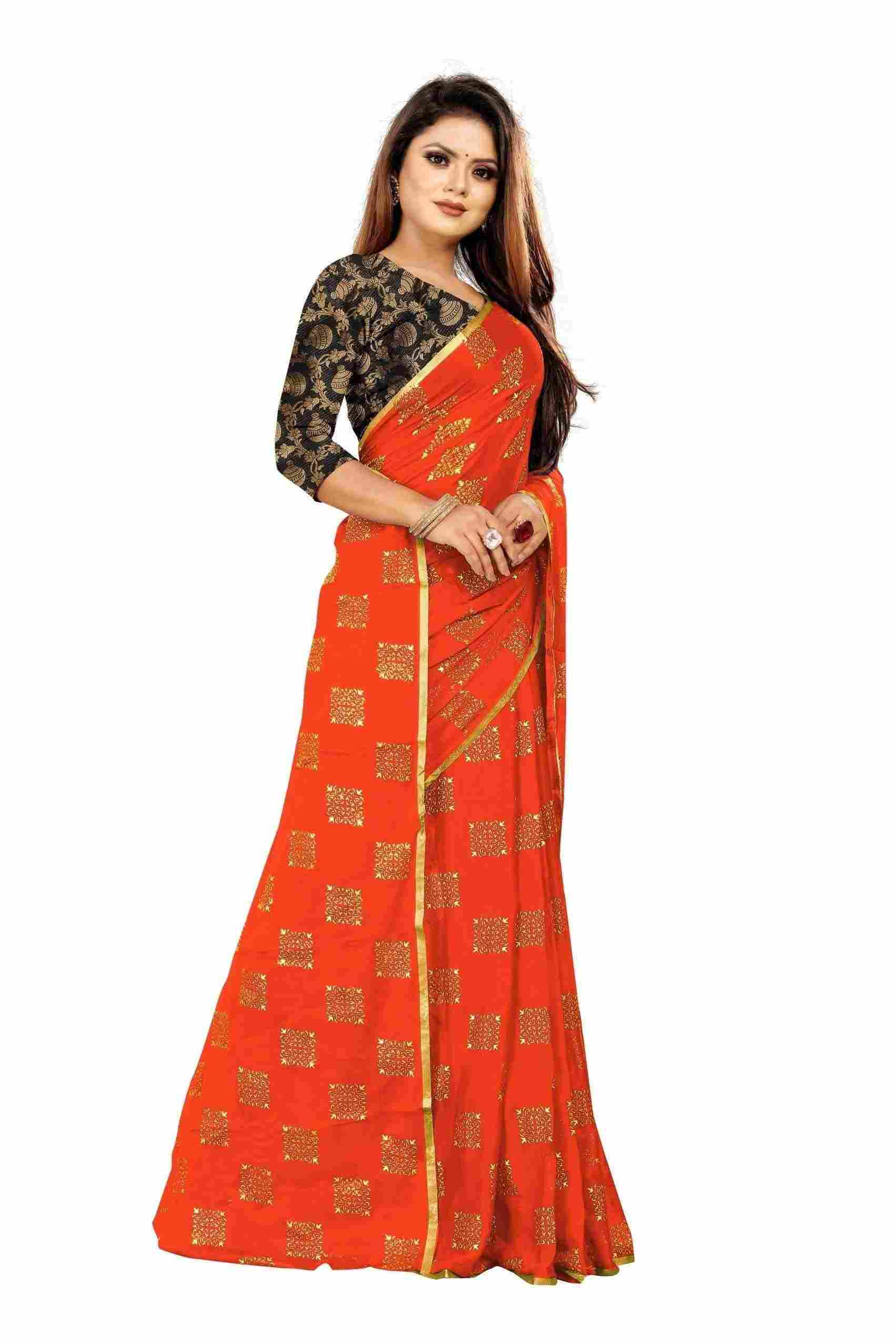 Women's Party Wear Checks Printed Chiffon Saree With Jacquarad Blouse PIece (Orange)