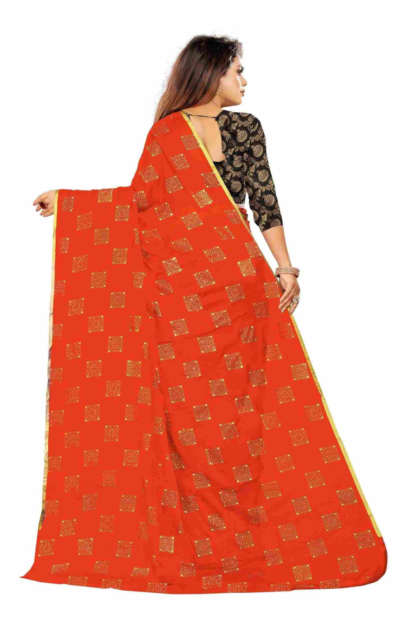 Women's Party Wear Checks Printed Chiffon Saree With Jacquarad Blouse PIece (Orange)