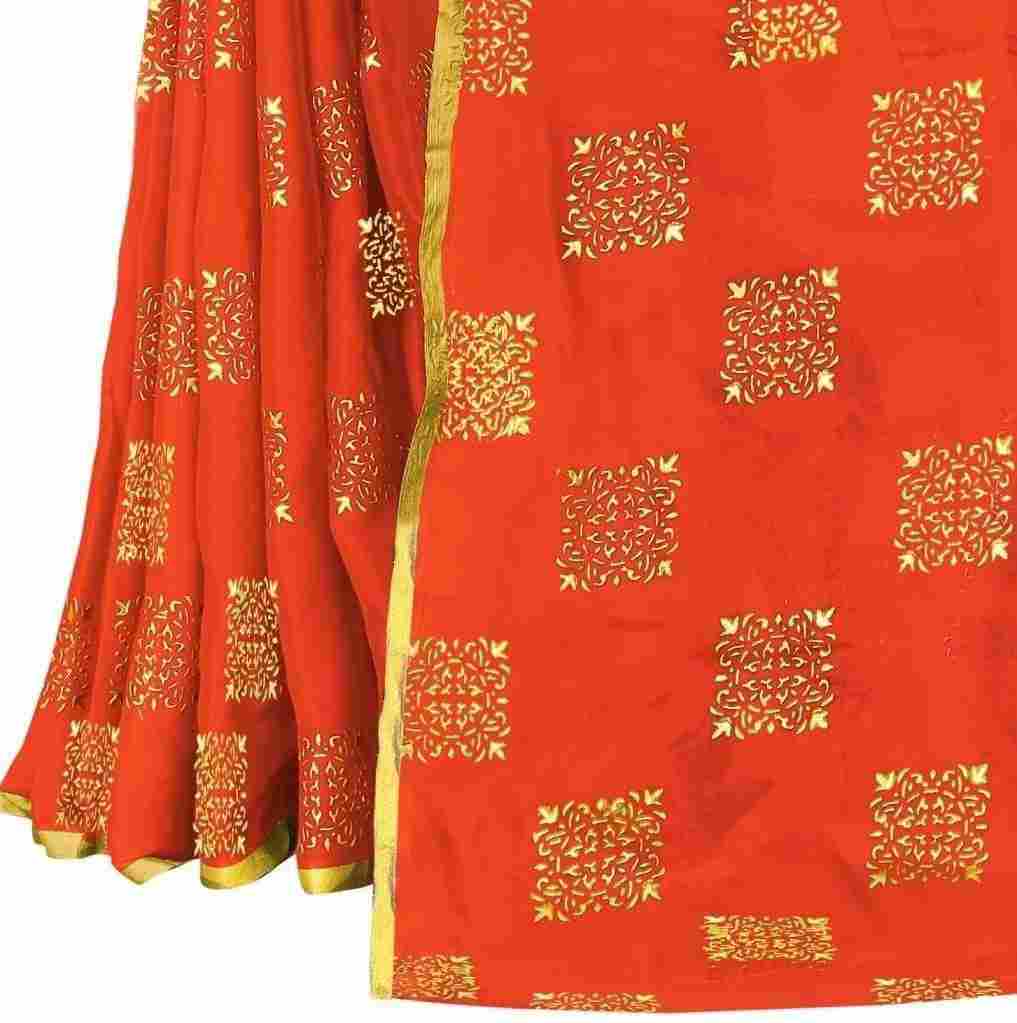 Women's Party Wear Checks Printed Chiffon Saree With Jacquarad Blouse PIece (Orange)