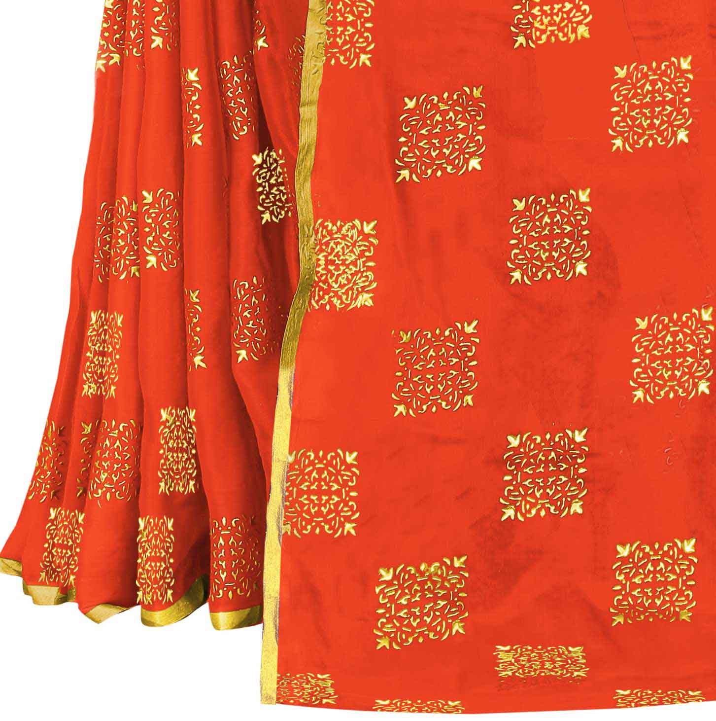 Women's Daily Wear Checks Printed Orange Chiffon Saree With Jacquarad Blouse PIece