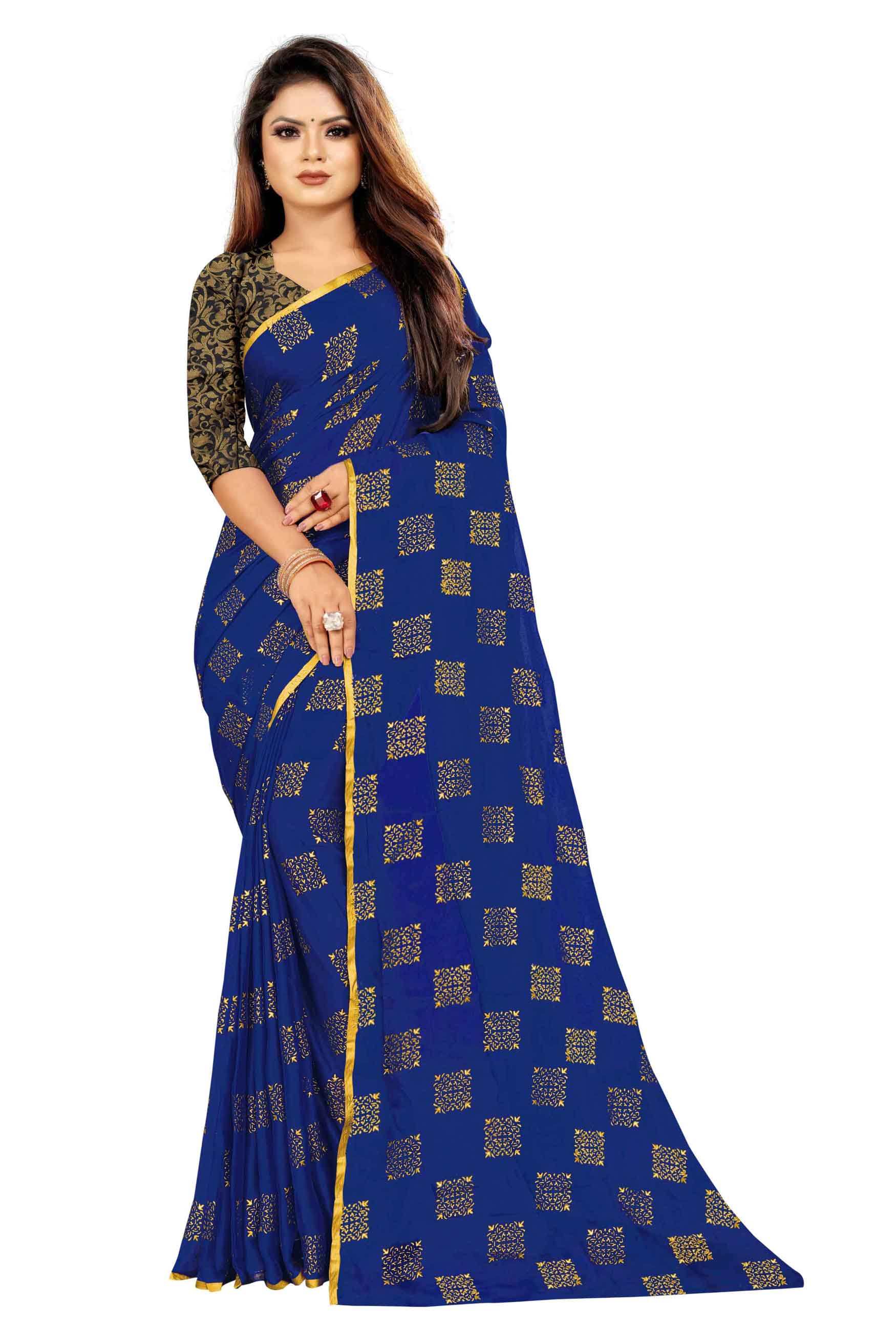 Women's Daily Wear Checks Printed Navy Blue Chiffon Saree With Jacquarad Blouse PIece