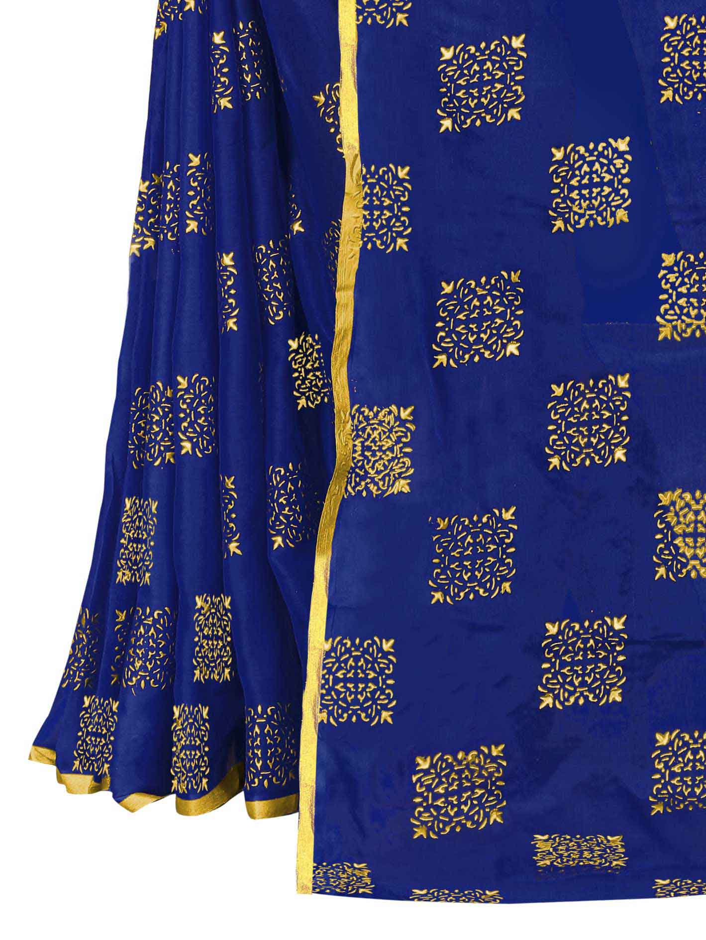 Women's Daily Wear Checks Printed Navy Blue Chiffon Saree With Jacquarad Blouse PIece