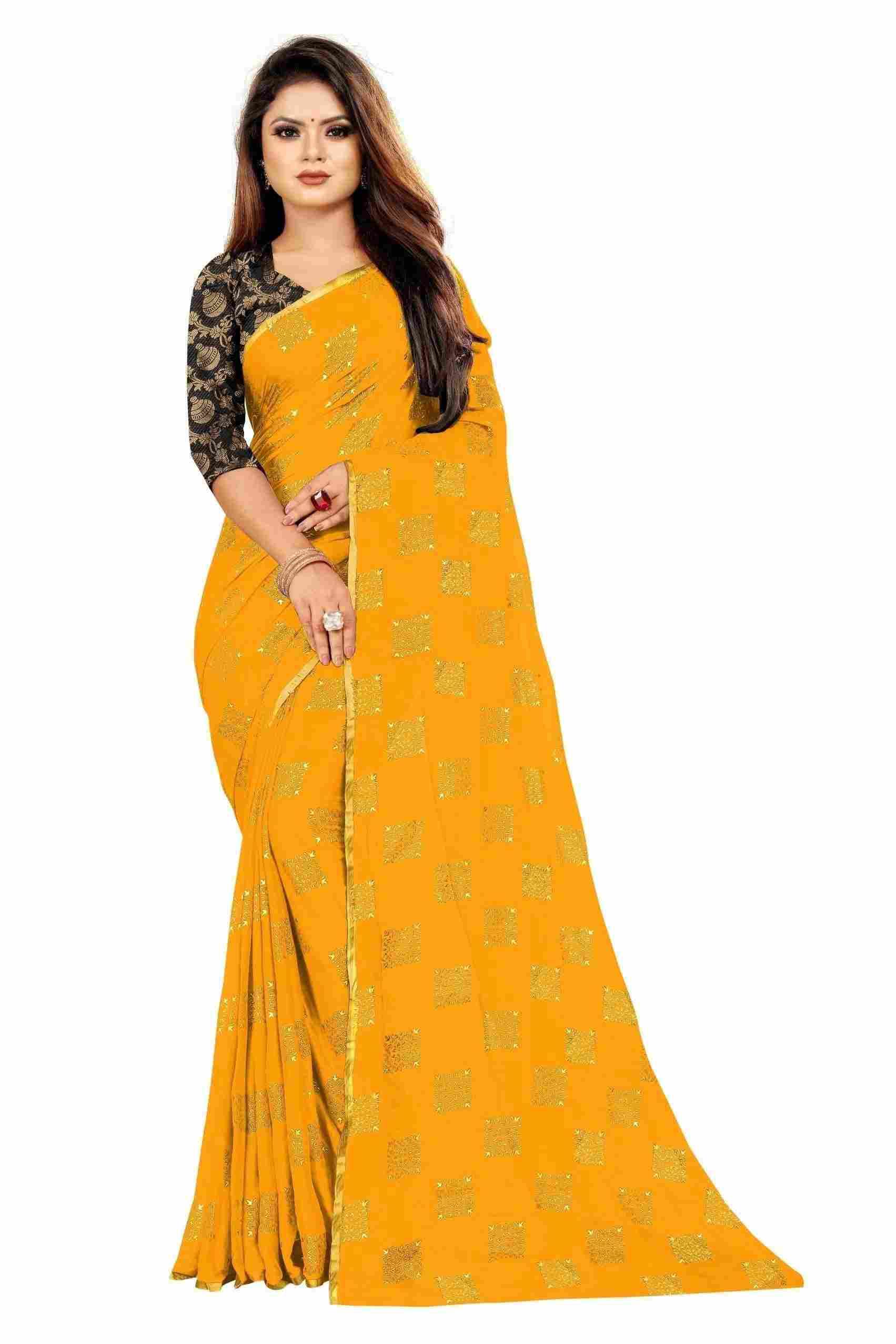 Women's Party Wear Checks Printed Chiffon Saree With Jacquarad Blouse PIece (Yellow)