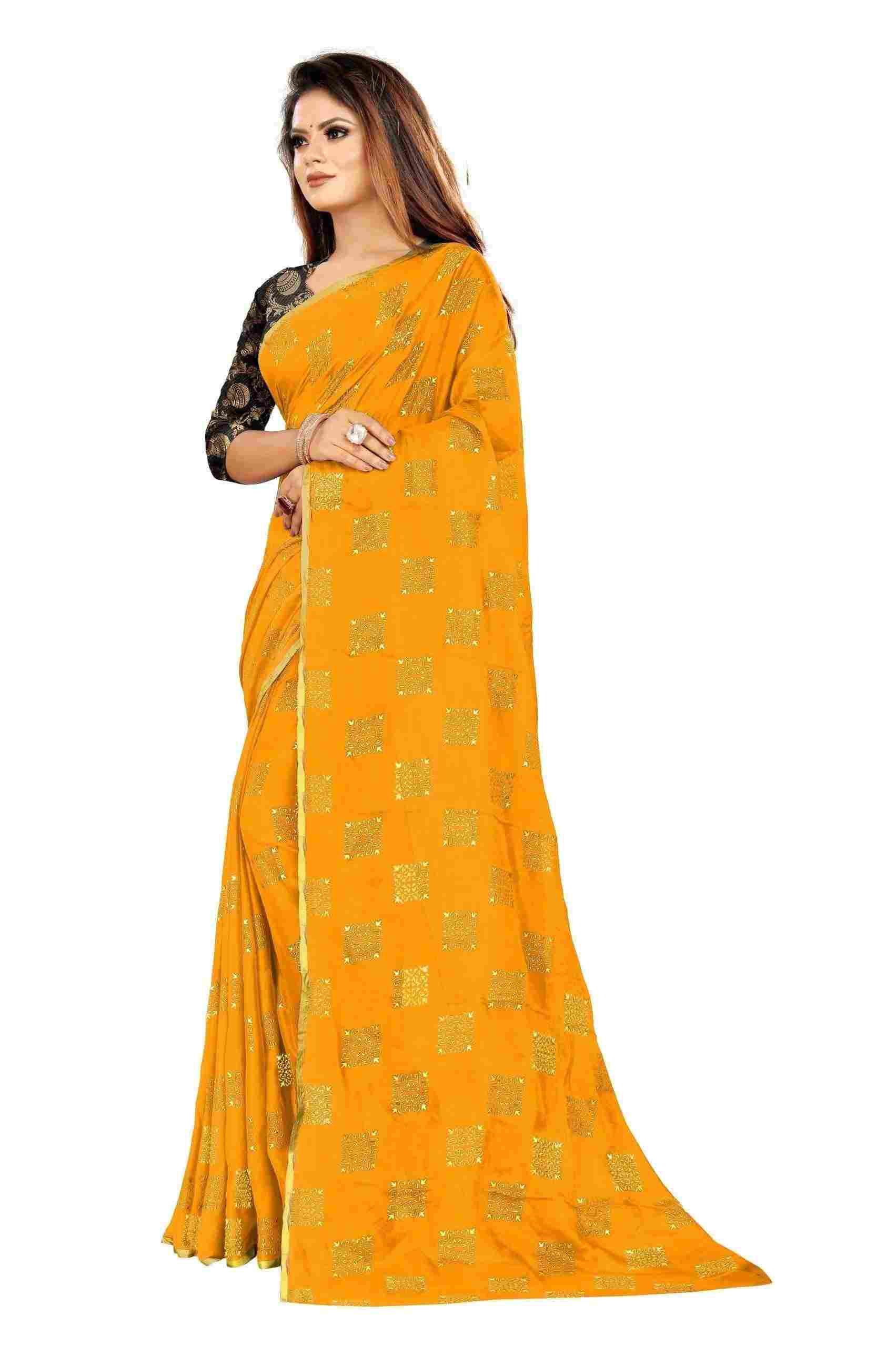 Women's Party Wear Checks Printed Chiffon Saree With Jacquarad Blouse PIece (Yellow)