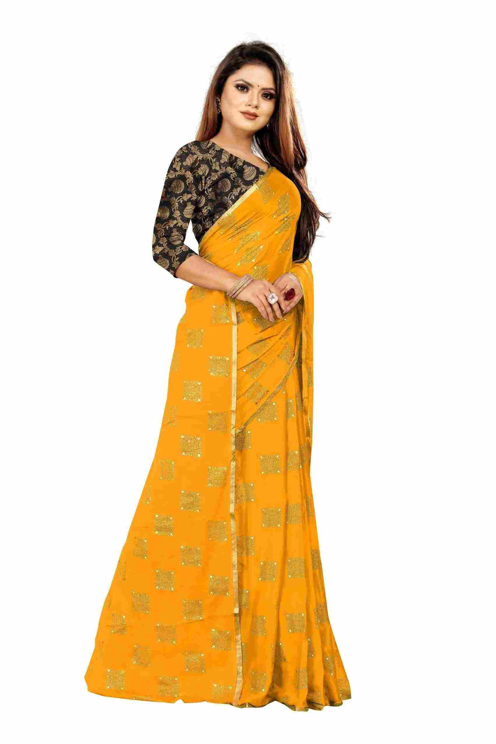 Women's Party Wear Checks Printed Chiffon Saree With Jacquarad Blouse PIece (Yellow)