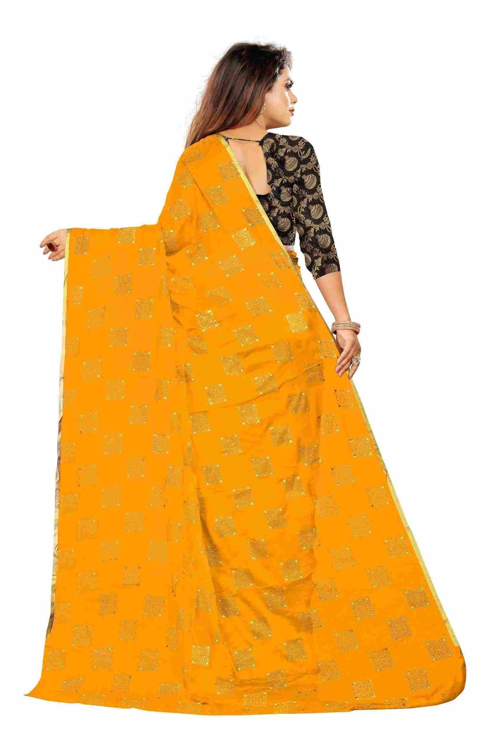 Women's Party Wear Checks Printed Chiffon Saree With Jacquarad Blouse PIece (Yellow)