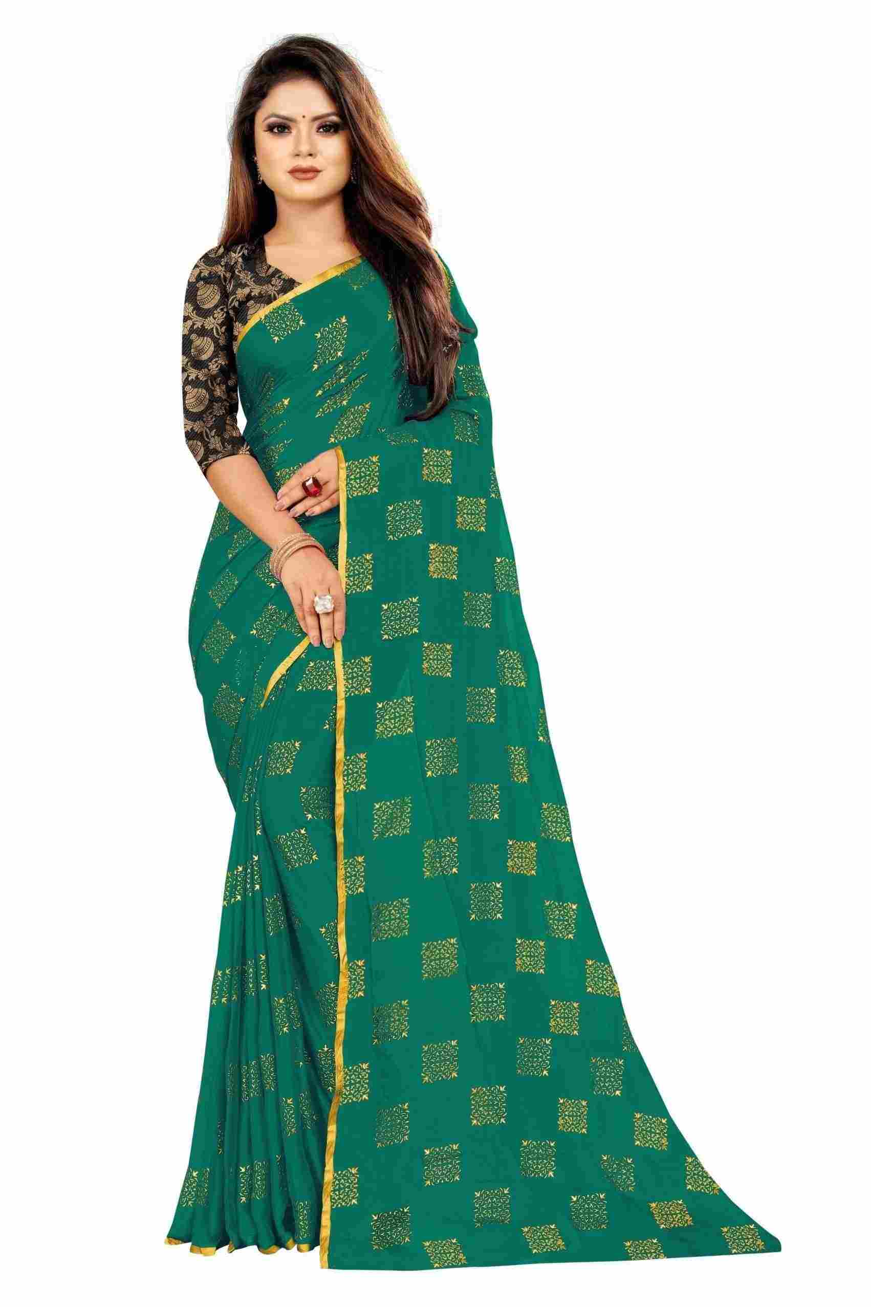 Women's Party Wear Checks Printed Chiffon Saree With Jacquarad Blouse PIece (Dark Green)