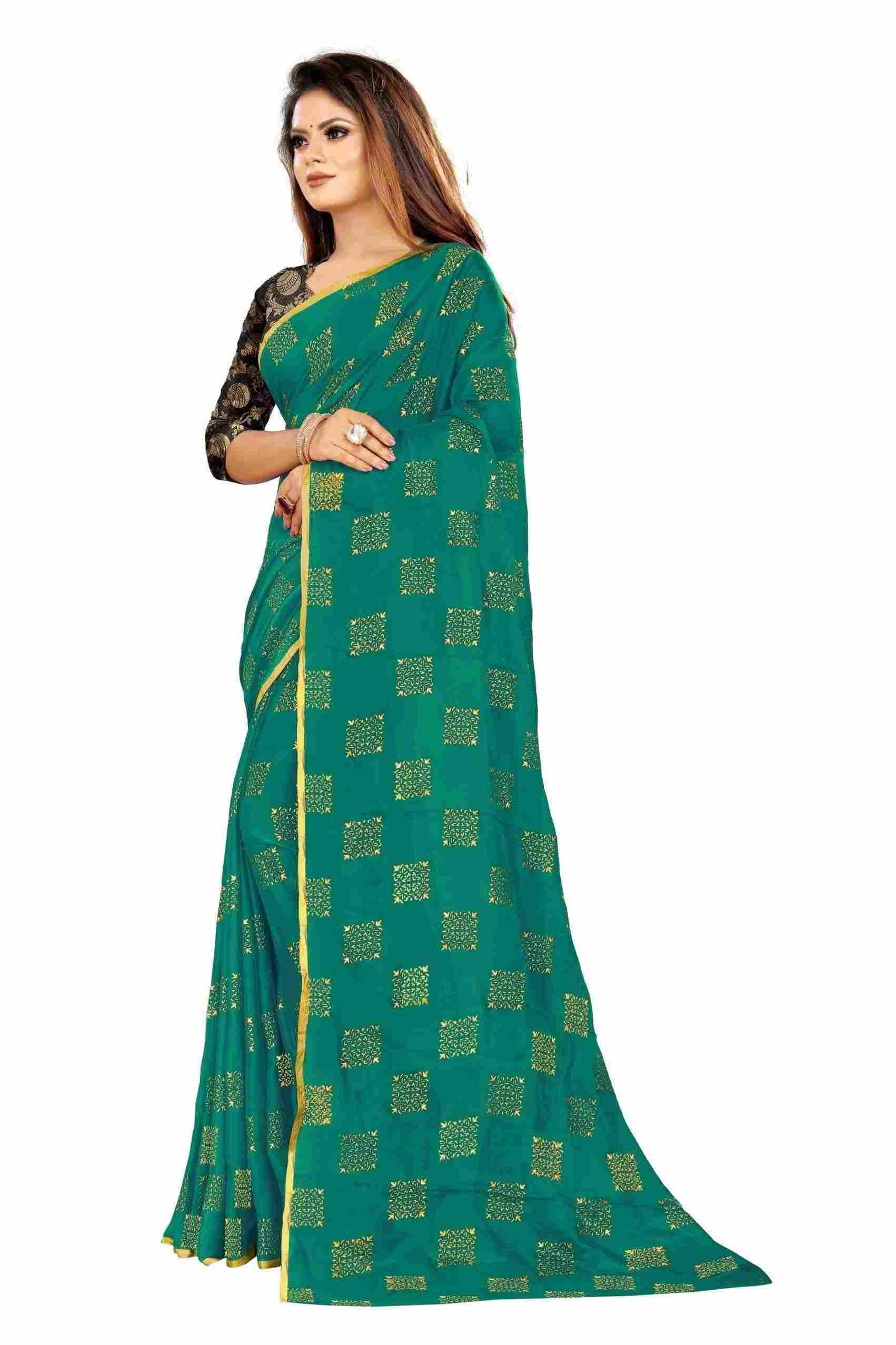 Women's Party Wear Checks Printed Chiffon Saree With Jacquarad Blouse PIece (Dark Green)