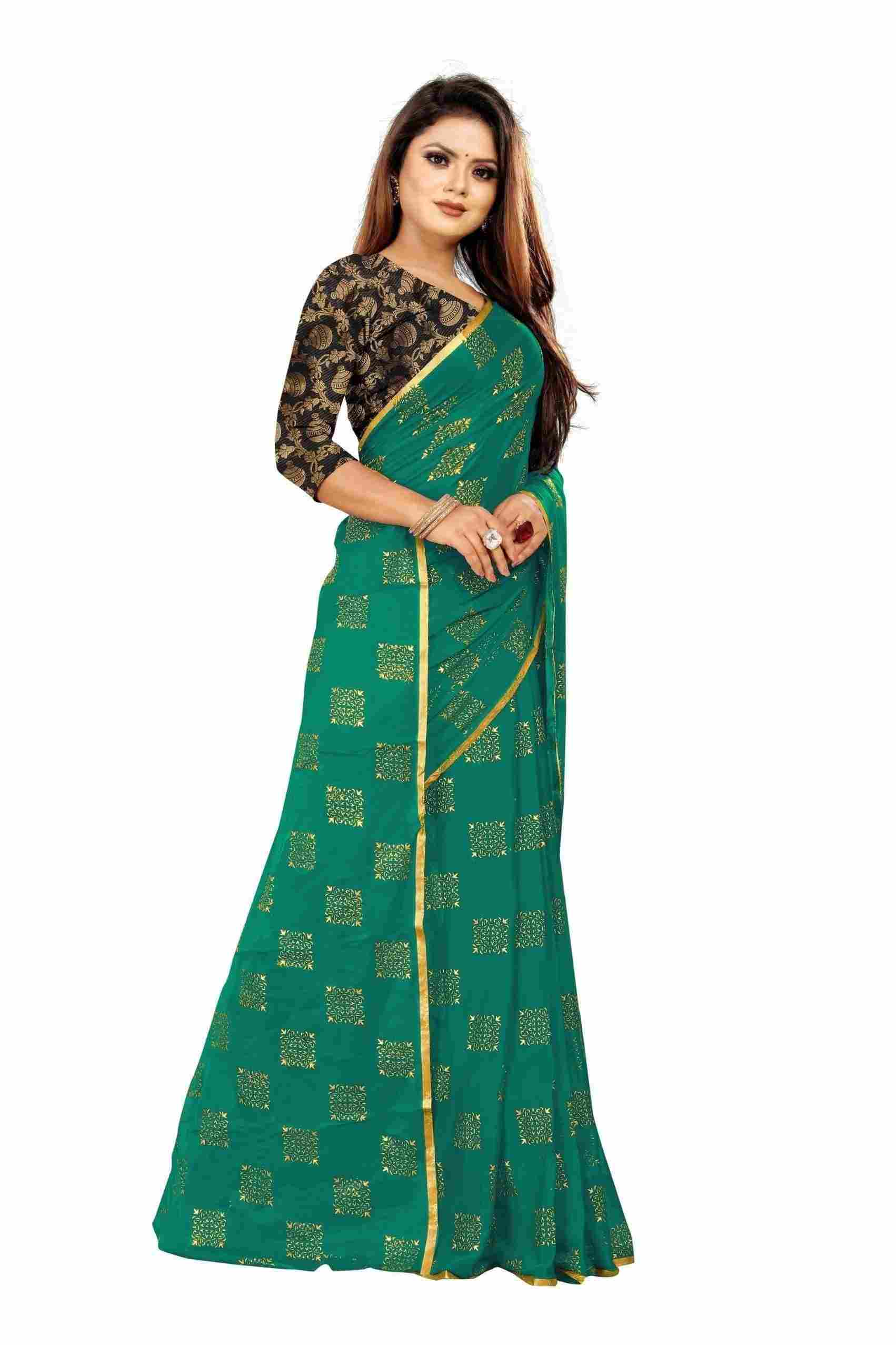 Women's Party Wear Checks Printed Chiffon Saree With Jacquarad Blouse PIece (Dark Green)