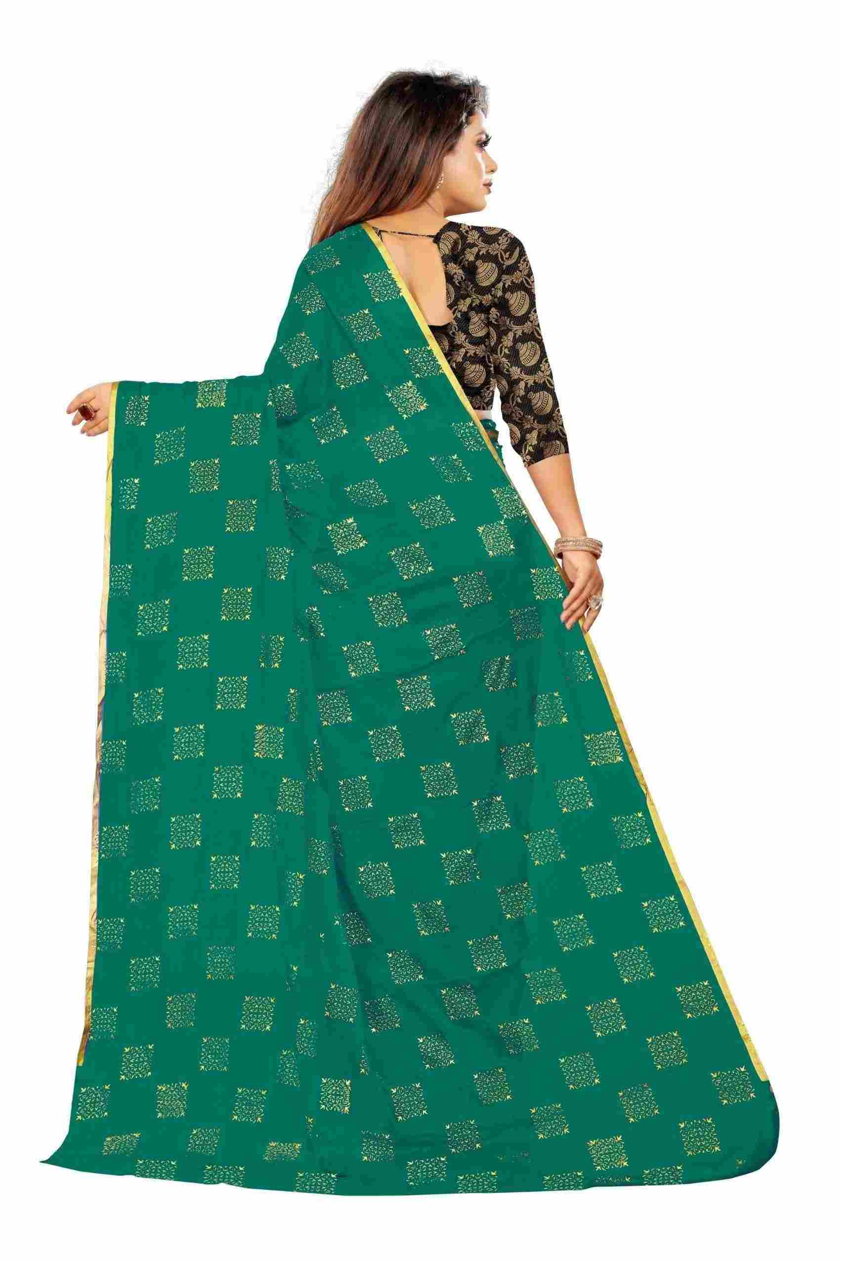 Women's Party Wear Checks Printed Chiffon Saree With Jacquarad Blouse PIece (Dark Green)