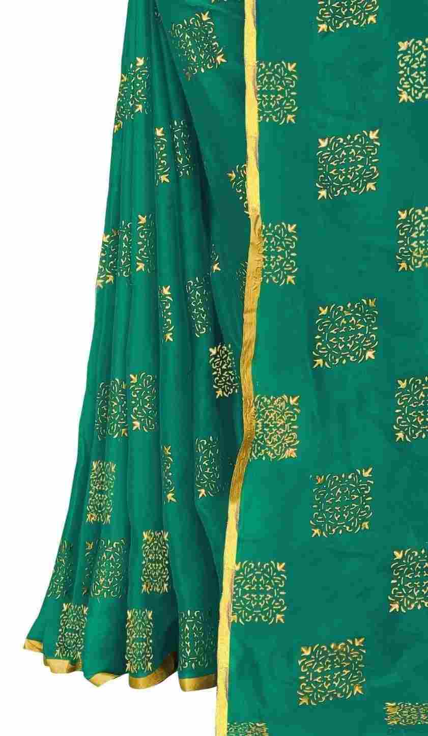 Women's Party Wear Checks Printed Chiffon Saree With Jacquarad Blouse PIece (Dark Green)