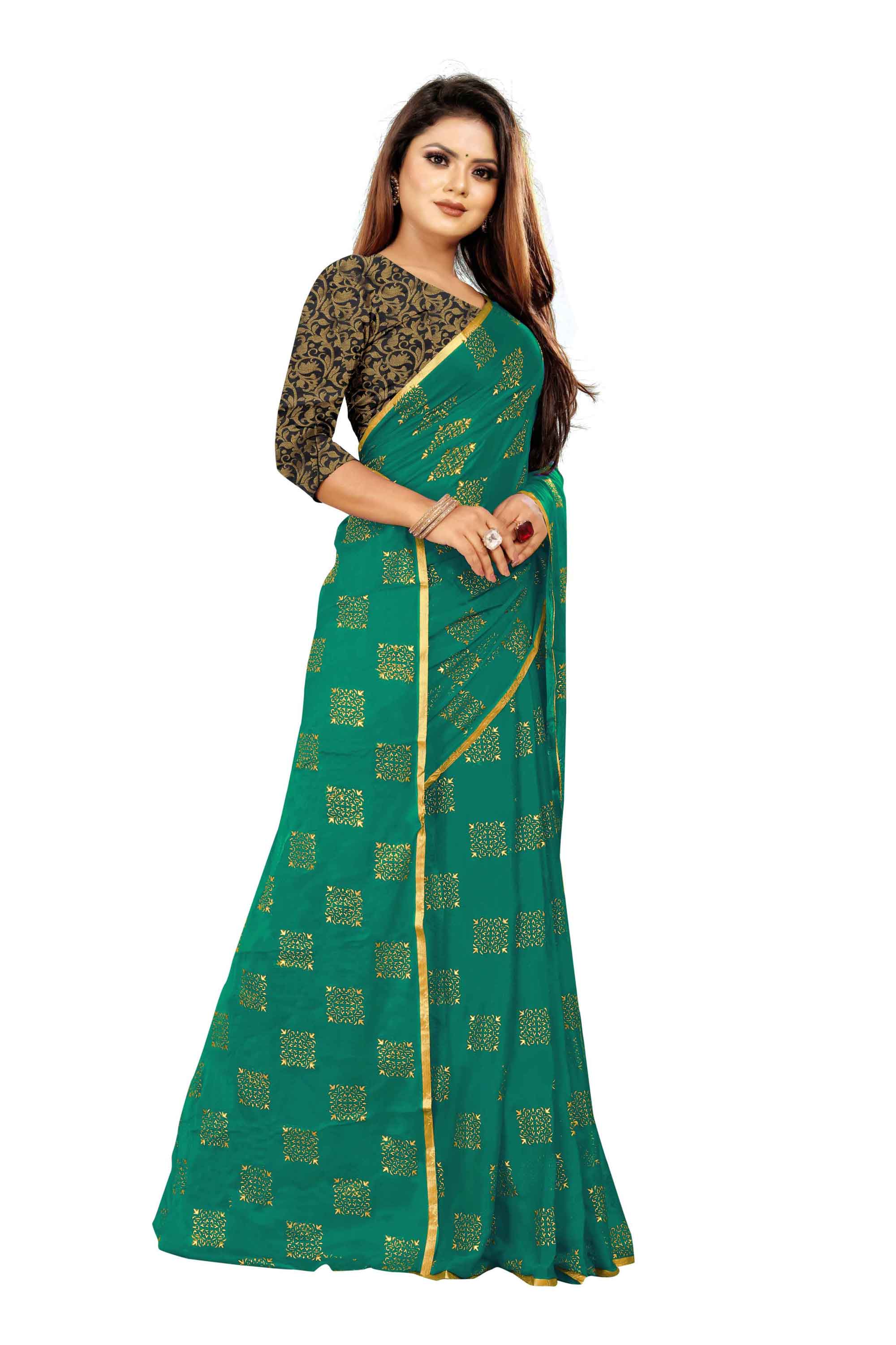 Women's Daily Wear Checks Printed Dark Green Chiffon Saree With Jacquarad Blouse PIece