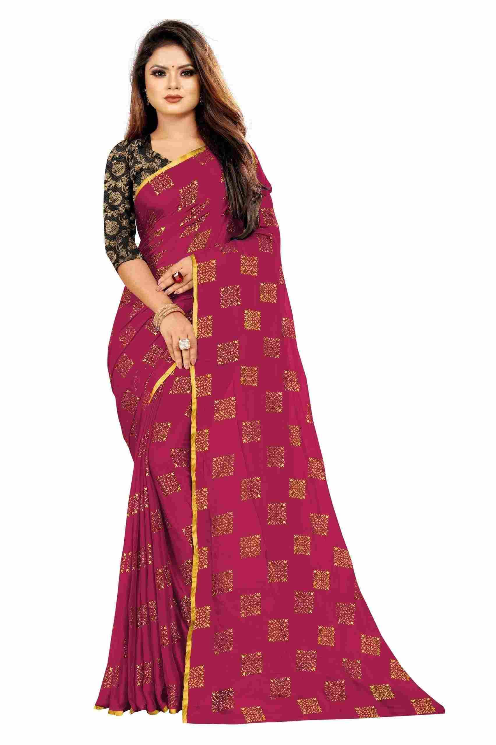 Women's Party Wear Checks Printed Chiffon Saree With Jacquarad Blouse PIece (Pink)