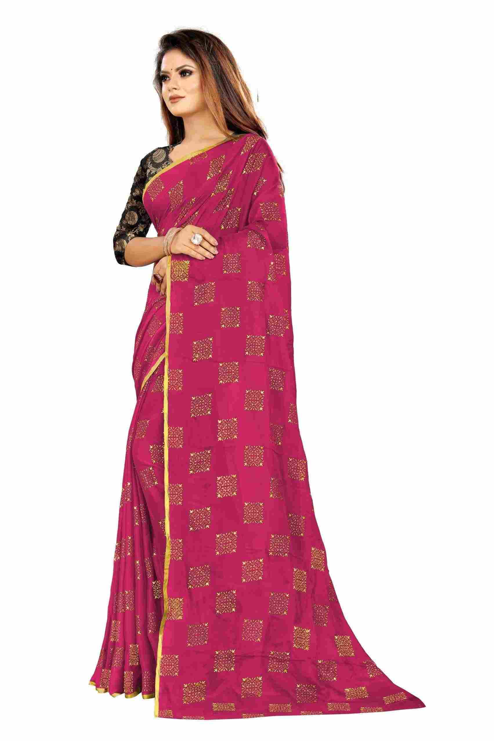 Women's Party Wear Checks Printed Chiffon Saree With Jacquarad Blouse PIece (Pink)