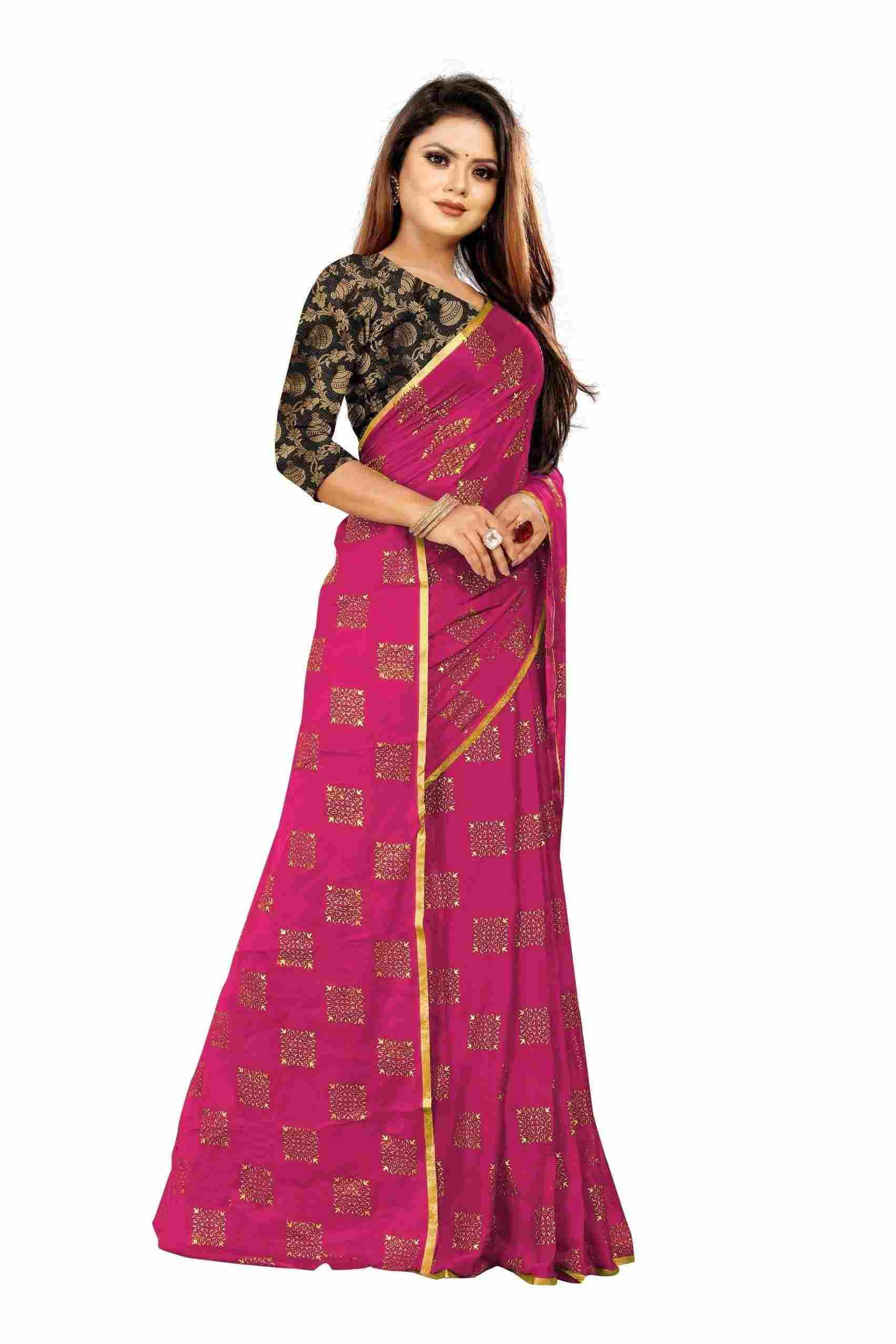 Women's Party Wear Checks Printed Chiffon Saree With Jacquarad Blouse PIece (Pink)