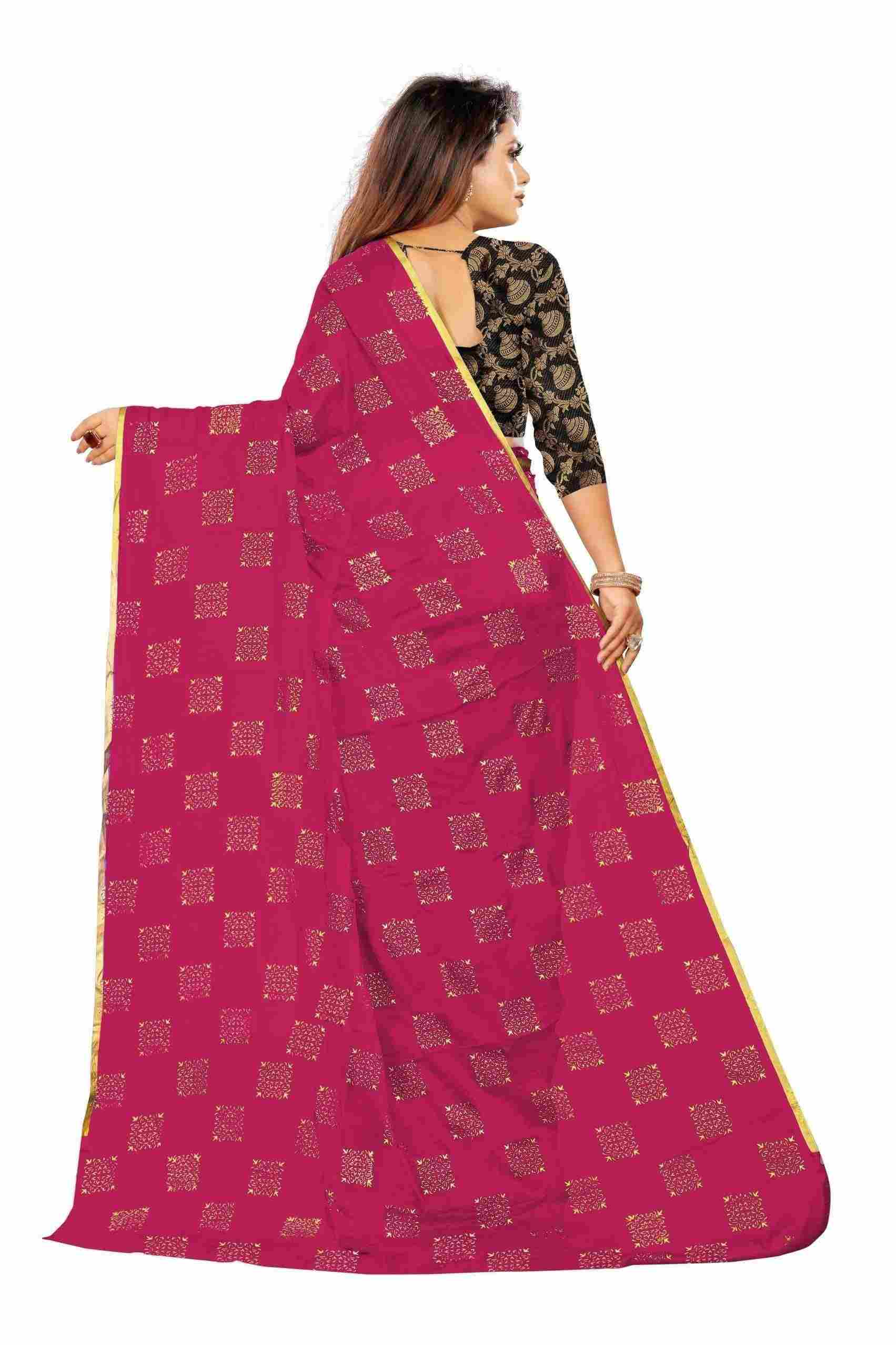 Women's Party Wear Checks Printed Chiffon Saree With Jacquarad Blouse PIece (Pink)