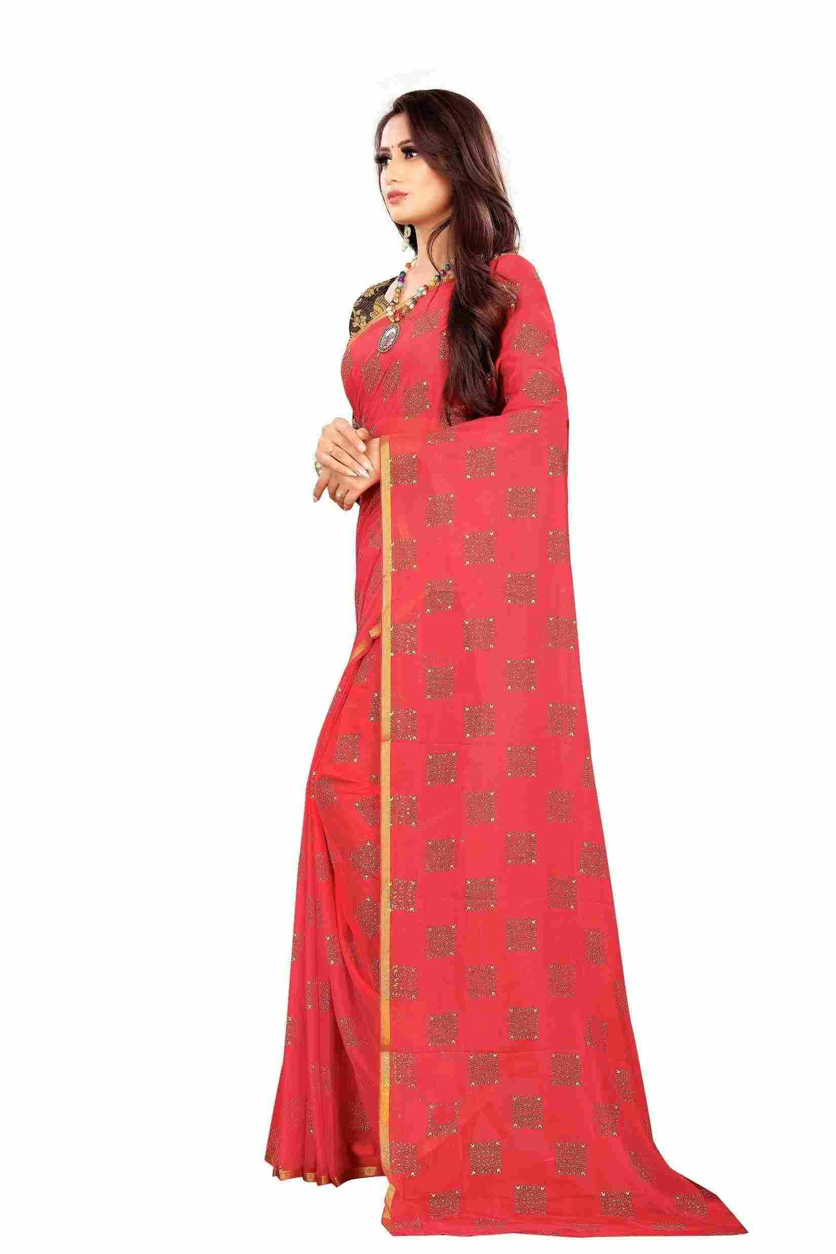 Women's Party Wear Checks Printed Chiffon Saree With Jacquarad Blouse PIece (Baby Pink)