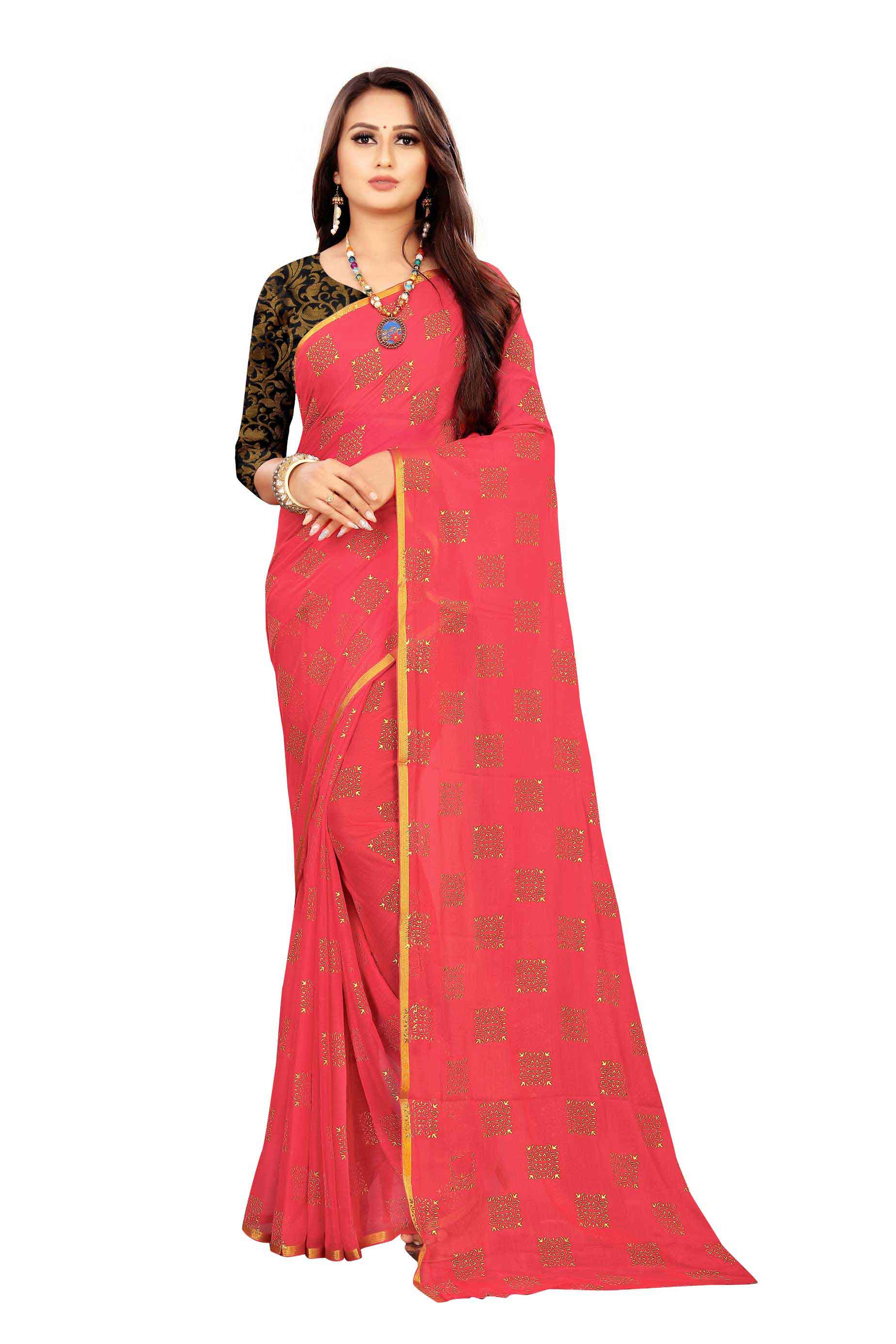 Women's Daily Wear Checks Printed Baby Pink Chiffon Saree With Jacquarad Blouse PIece